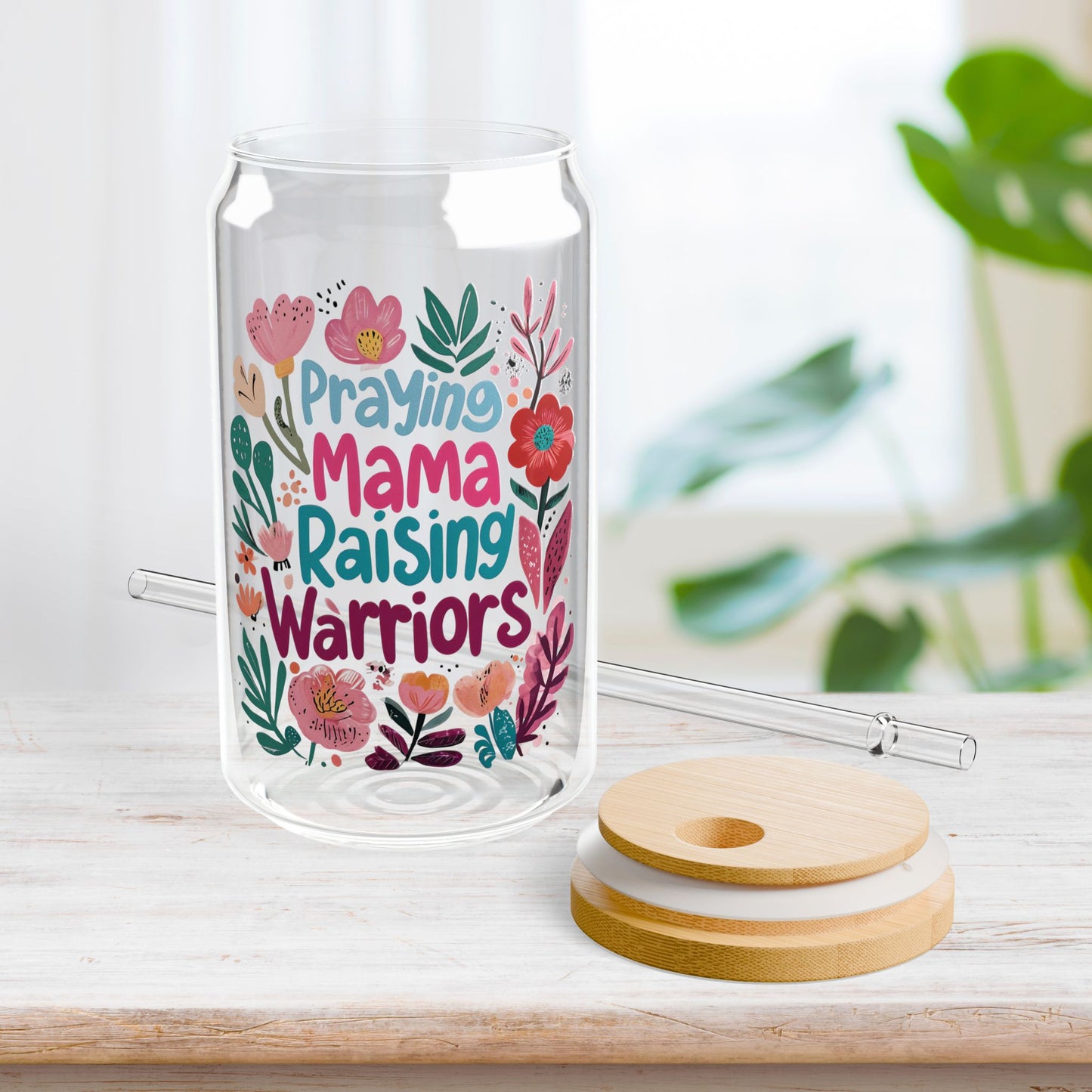 Praying Mama Raising Warriors Sipper Glass with Bamboo Lid & Straw - 16 oz