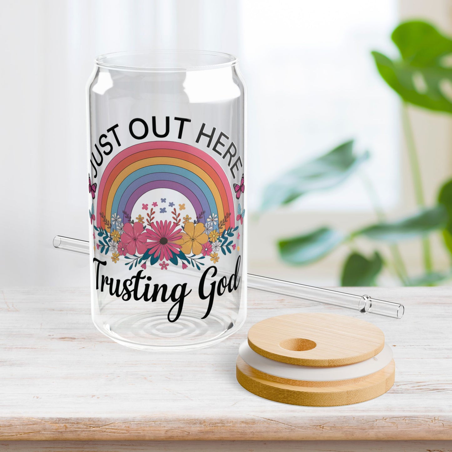 Just Out Here Trusting God Sipper Glass with Bamboo Lid & Straw - 16 oz
