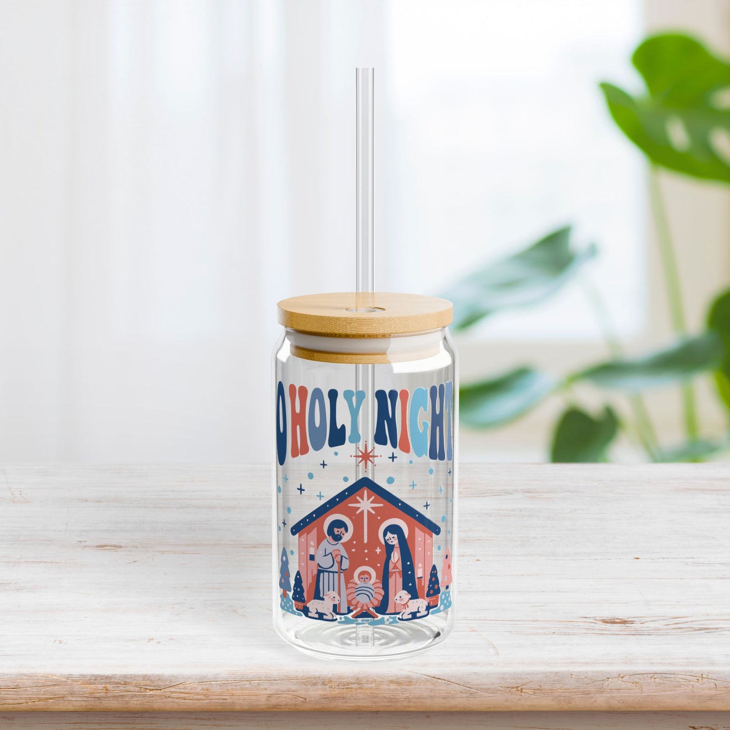 O Holy Night Sipper Glass with Bamboo Lid & Straw - 16 oz