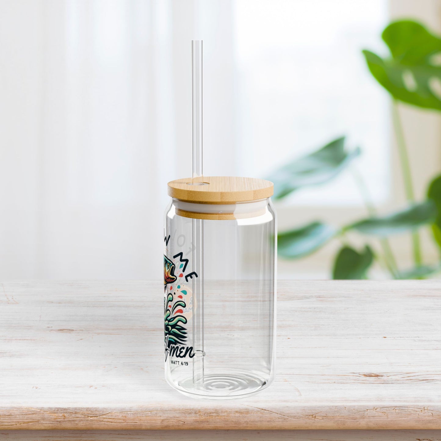 Follow Me Fishers of Men Sipper Glass with Bamboo Lid & Straw - 16 oz