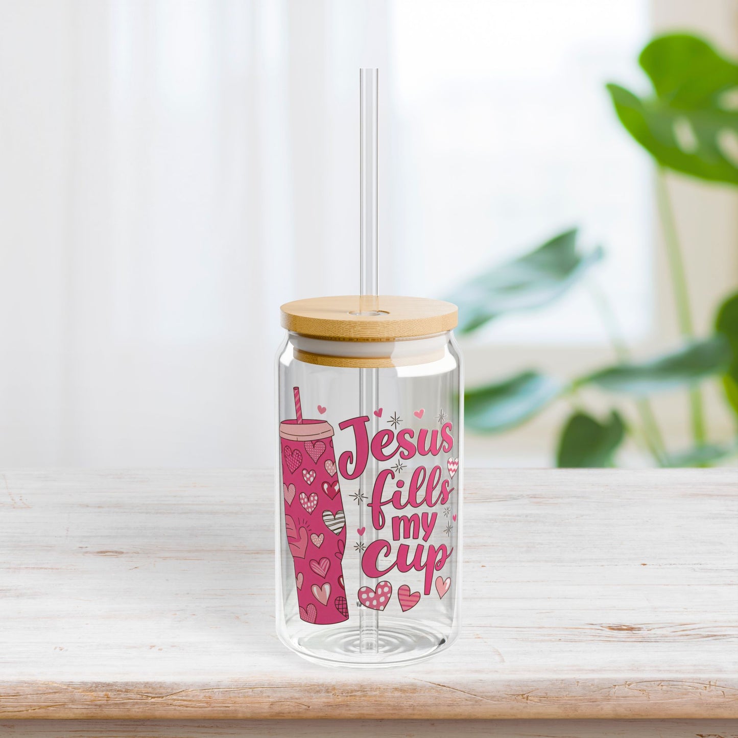Jesus Fills My Cup Sipper Glass with Bamboo Lid & Straw - 16 oz