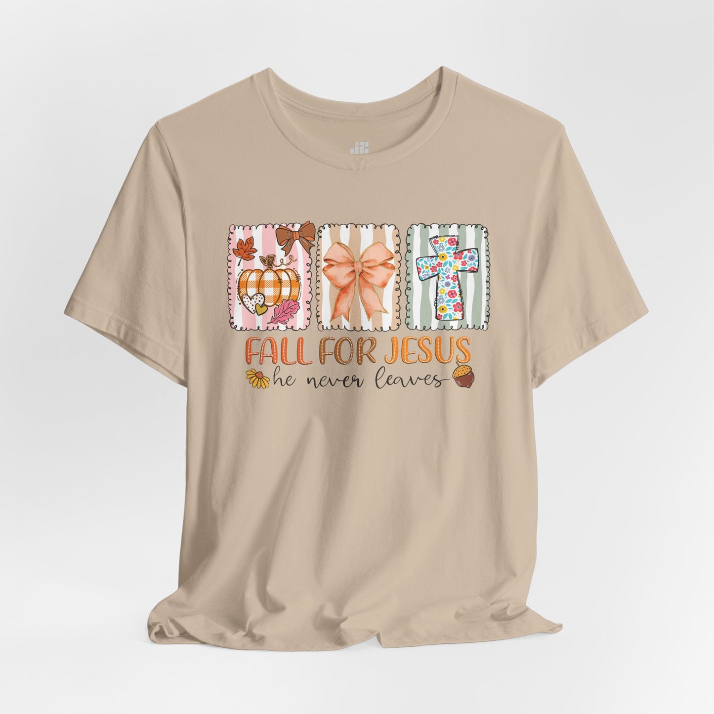 Fall For Jesus He Never Leaves Soft Cotton Tee - Fall Christian Shirt