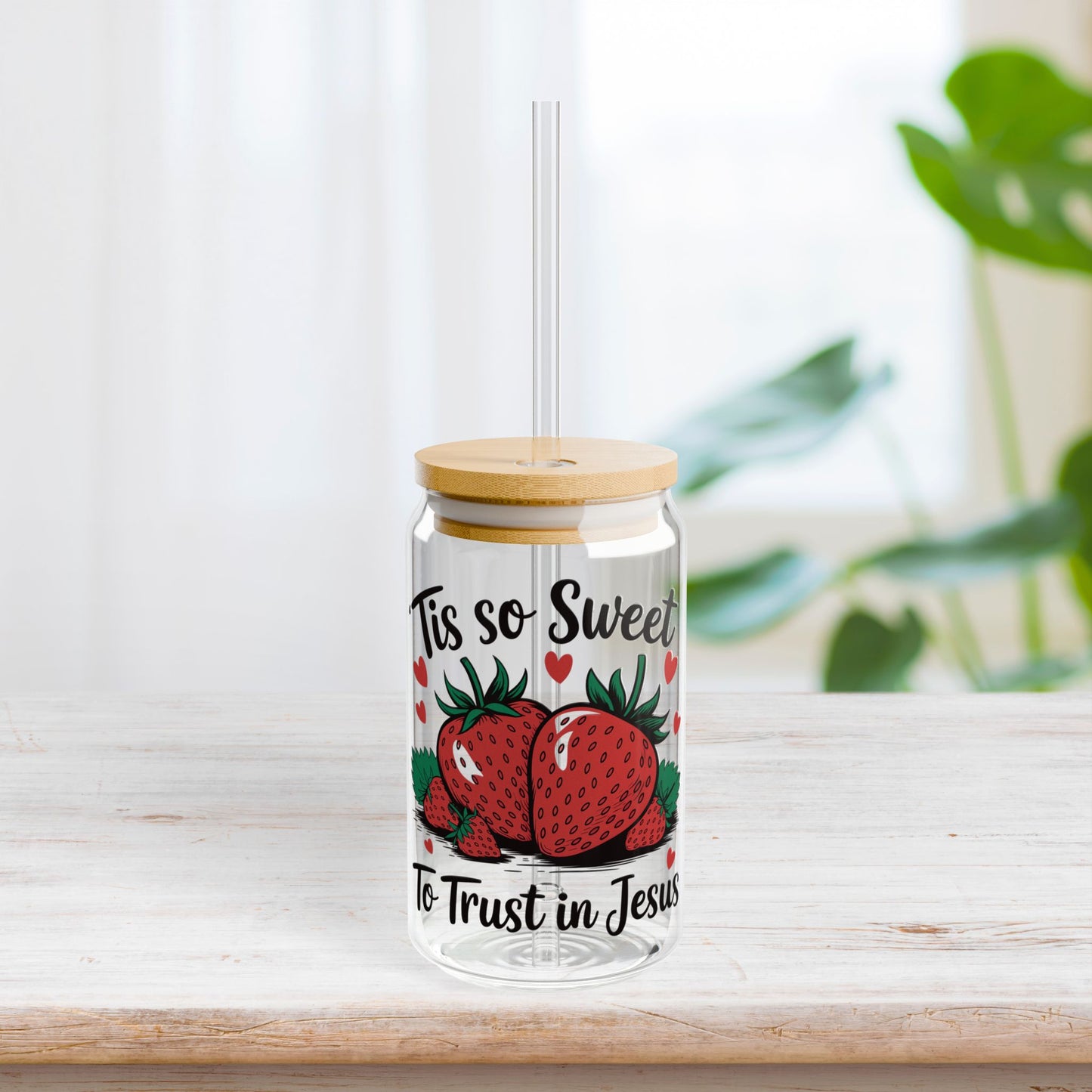 'Tis So Sweet to trust in Jesus Sipper Glass with Bamboo Lid & Straw - 16 oz