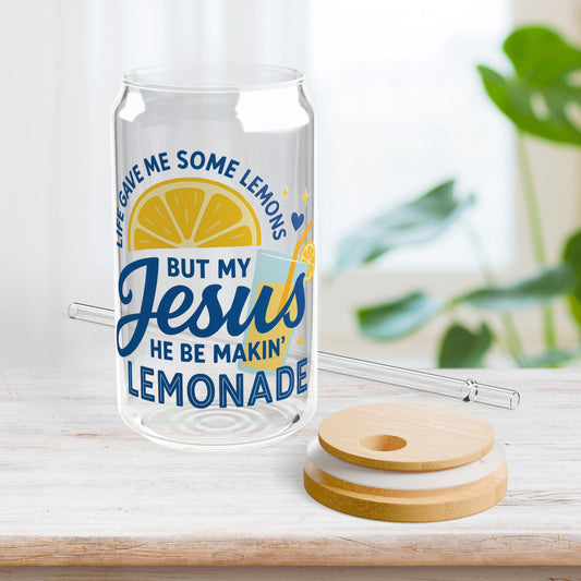 Life Gave Me Lemons But My Jesus Makes Lemonade Sipper Glass with Bamboo Lid & Straw - 16 oz