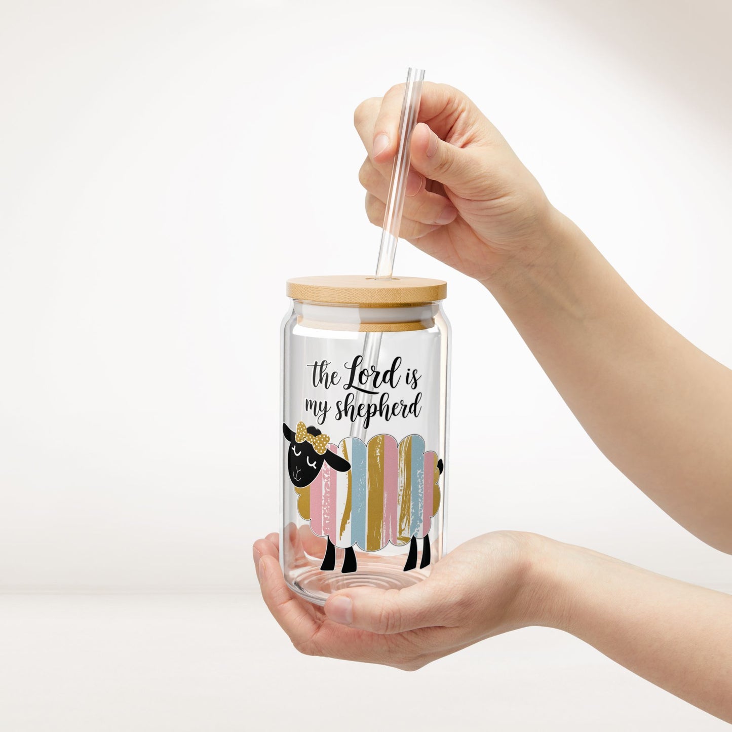 The Lord is My Shepherd Sipper Glass with Bamboo Lid & Straw - 16 oz