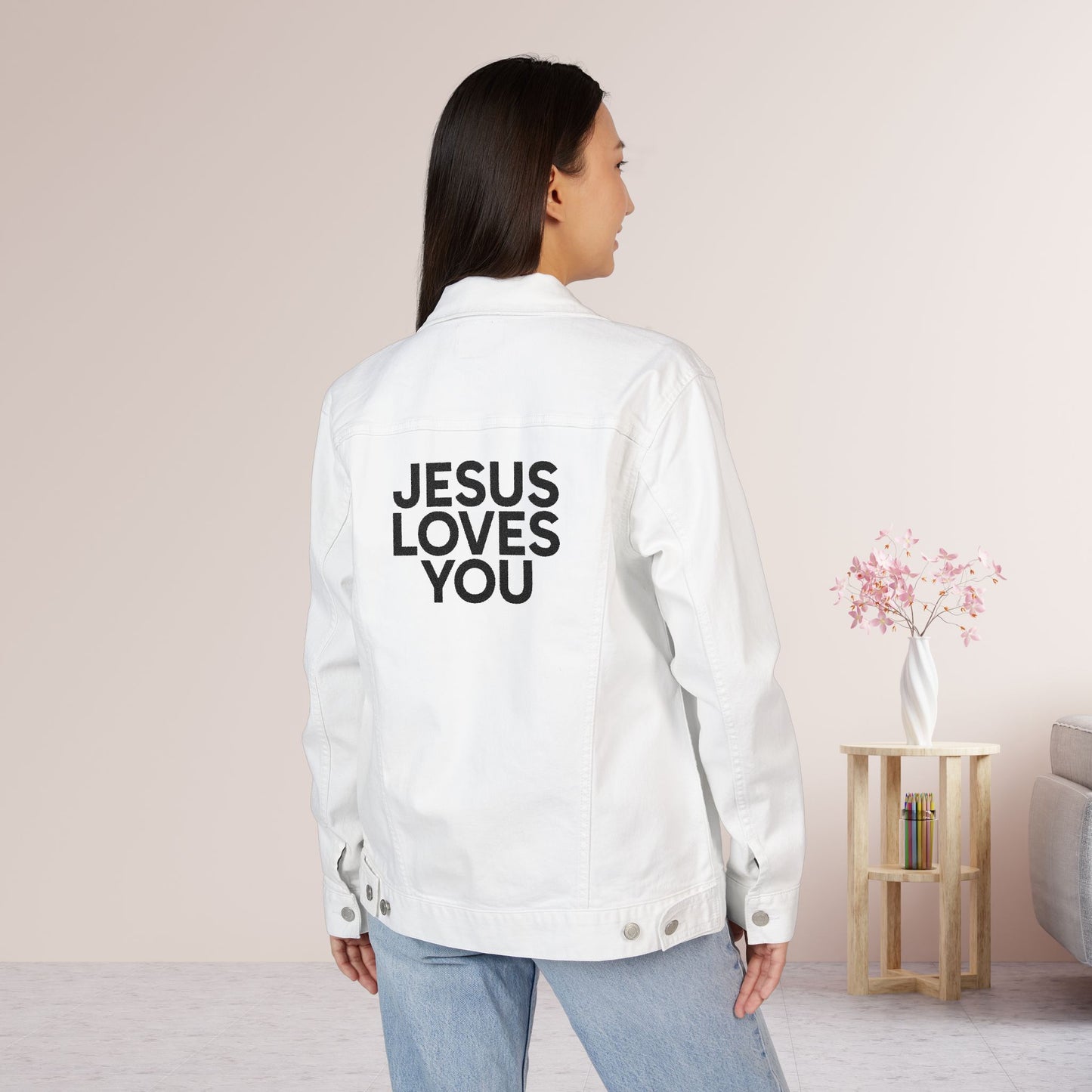 Embroidered Jesus Loves You Unisex Denim Jacket