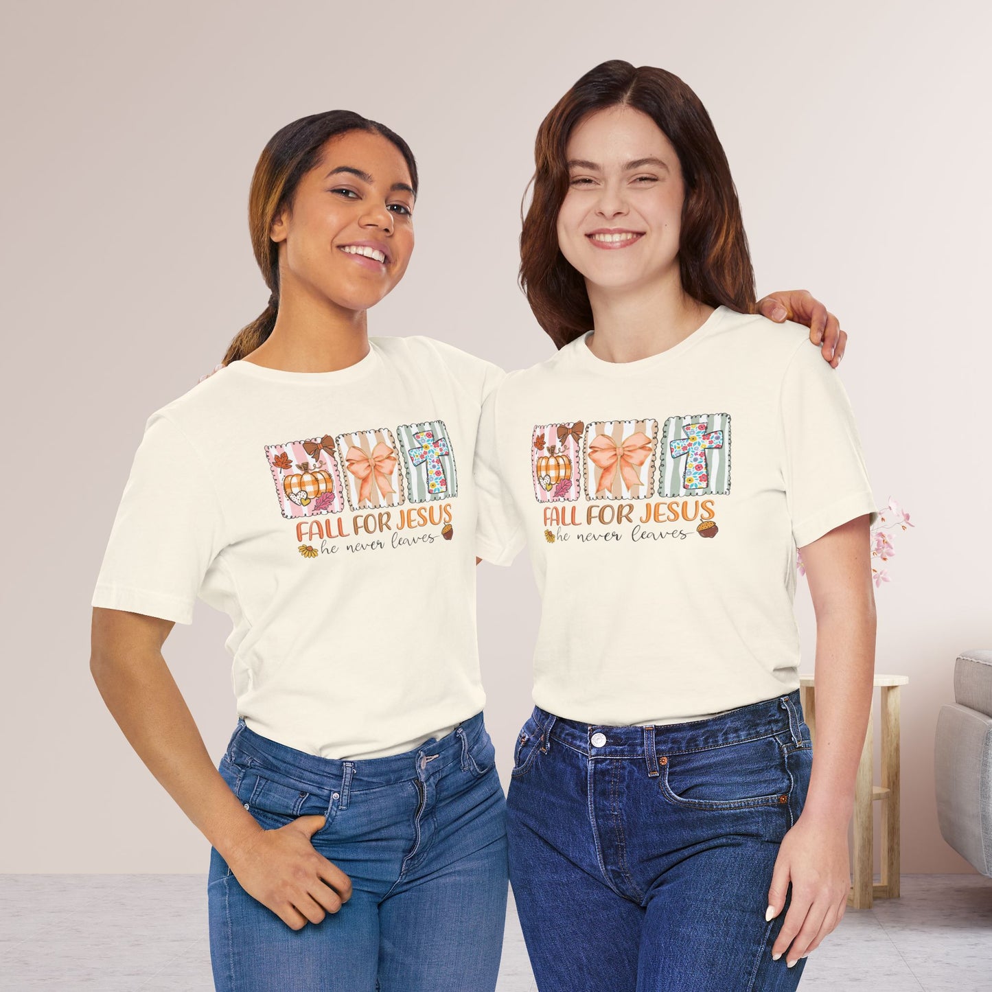 Fall For Jesus He Never Leaves Soft Cotton Tee - Fall Christian Shirt