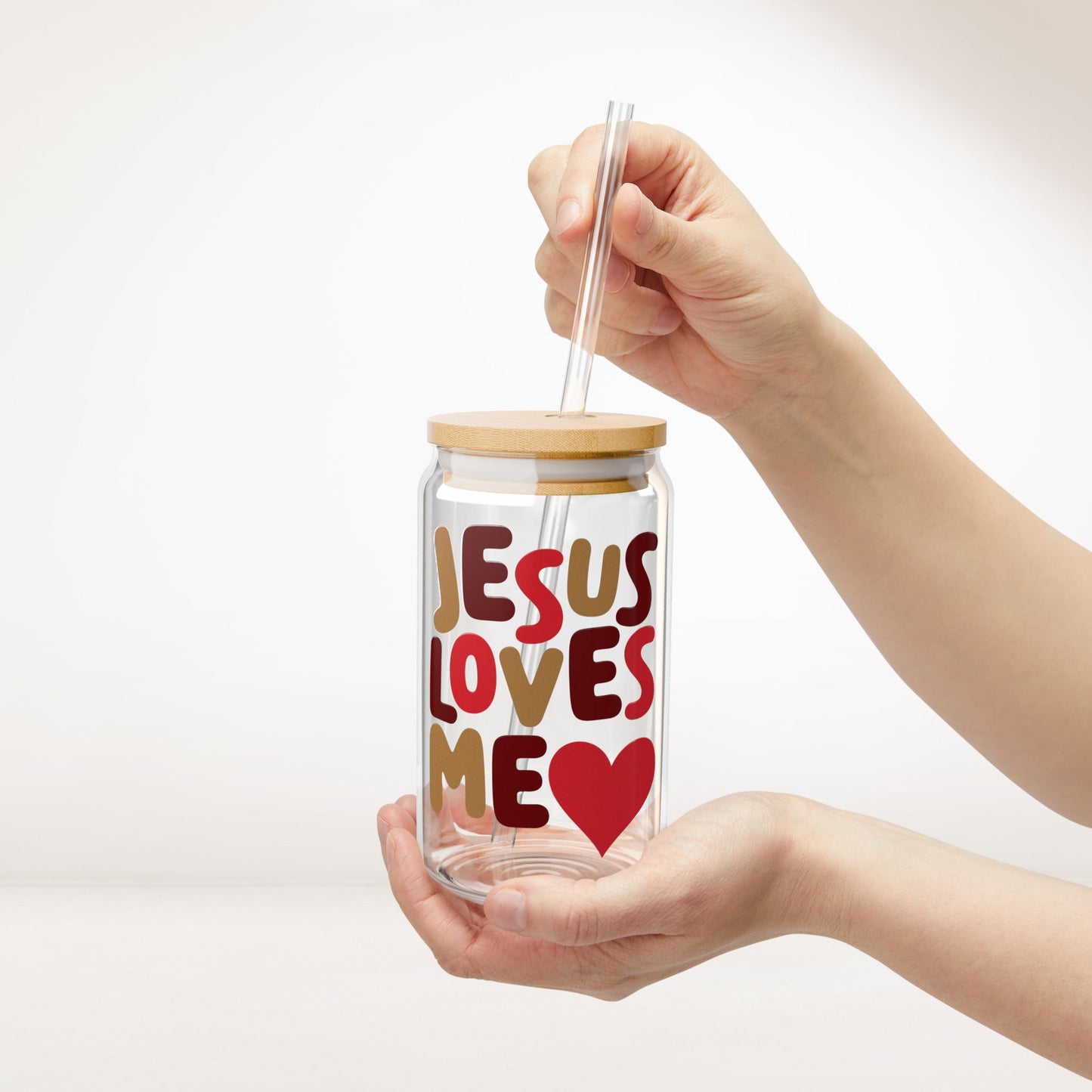 Jesus Loves Me Sipper Glass with Bamboo Lid & Straw - 16 oz