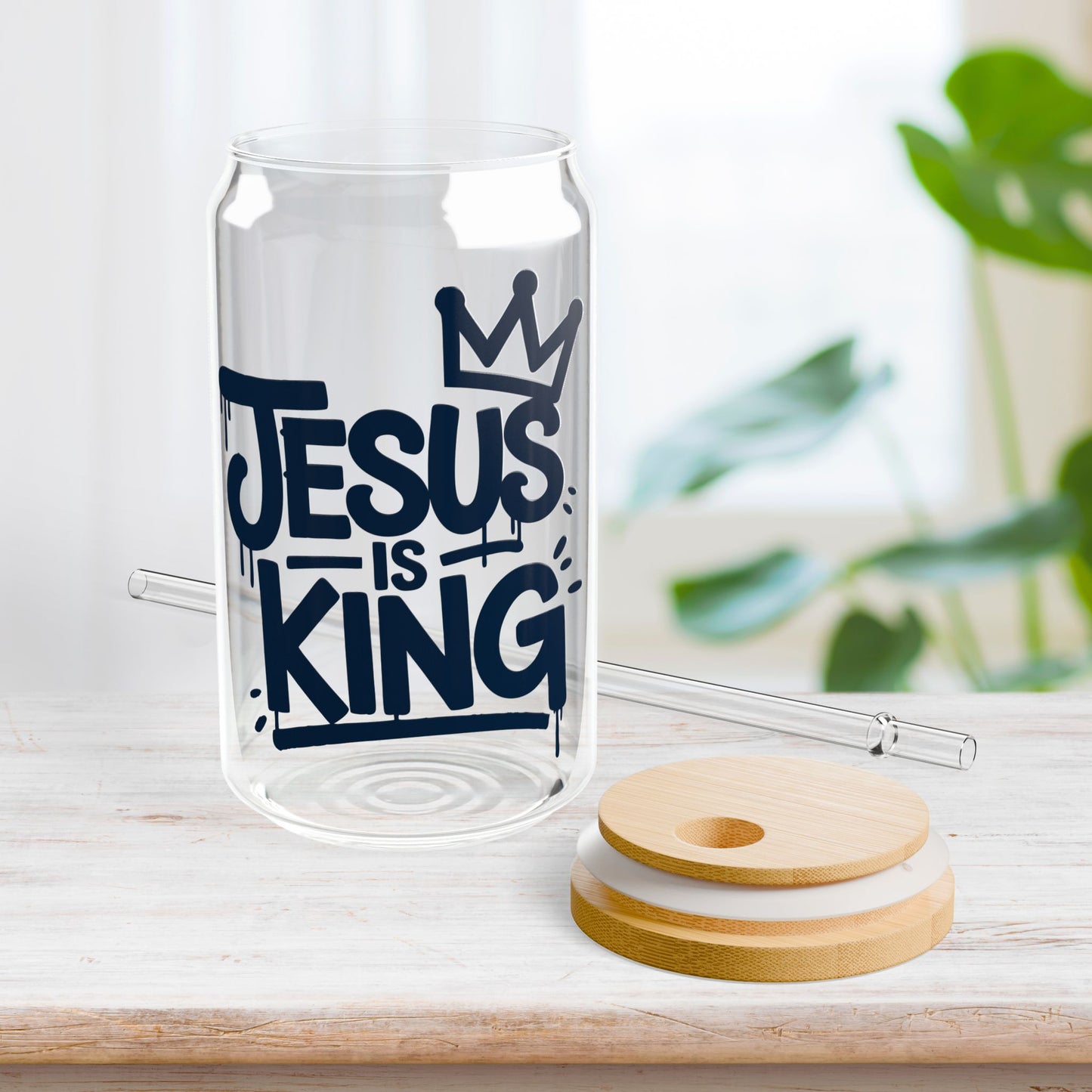 Jesus is King Sipper Glass with Bamboo Lid & Straw - 16 oz