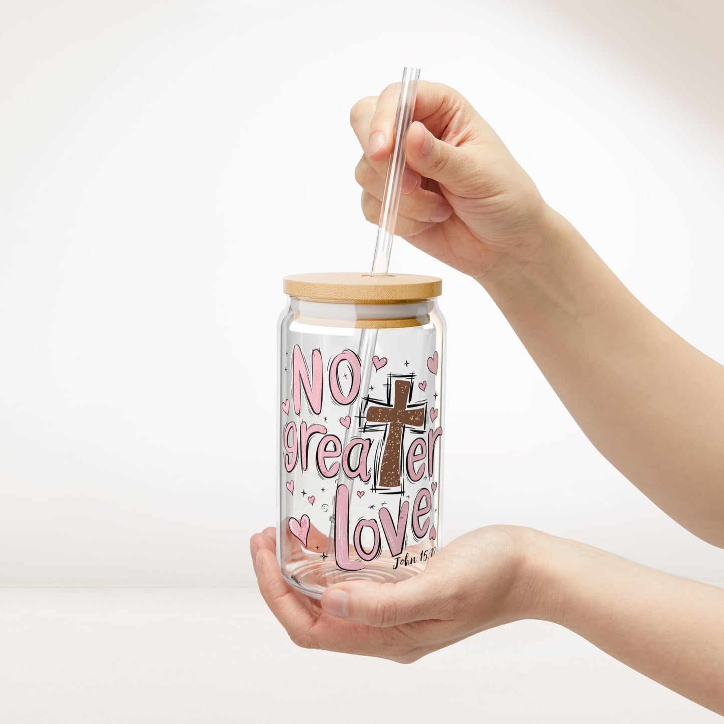 No Greater Love Sipper Glass with Bamboo Lid & Straw - 16 oz