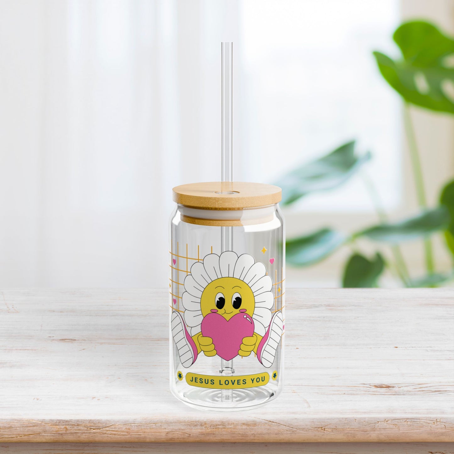 Jesus Loves You Sipper Glass with Bamboo Lid & Straw - 16 oz