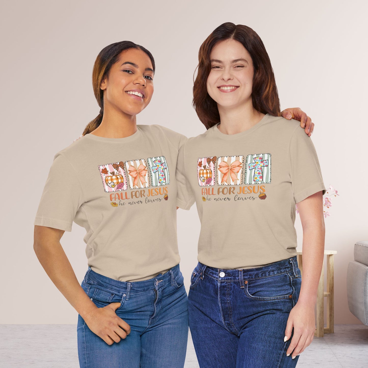 Fall For Jesus He Never Leaves Soft Cotton Tee - Fall Christian Shirt