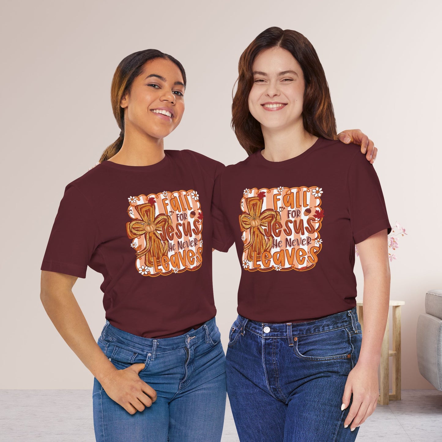 Fall for Jesus He Never Leaves Soft Cotton Tee - Fall Christian Tee