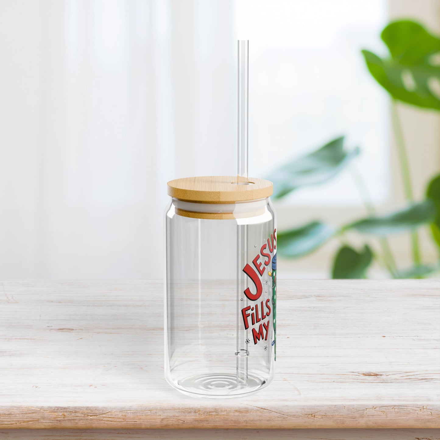 Jesus Fills My Cup Sipper Glass with Bamboo Lid & Straw - 16 oz