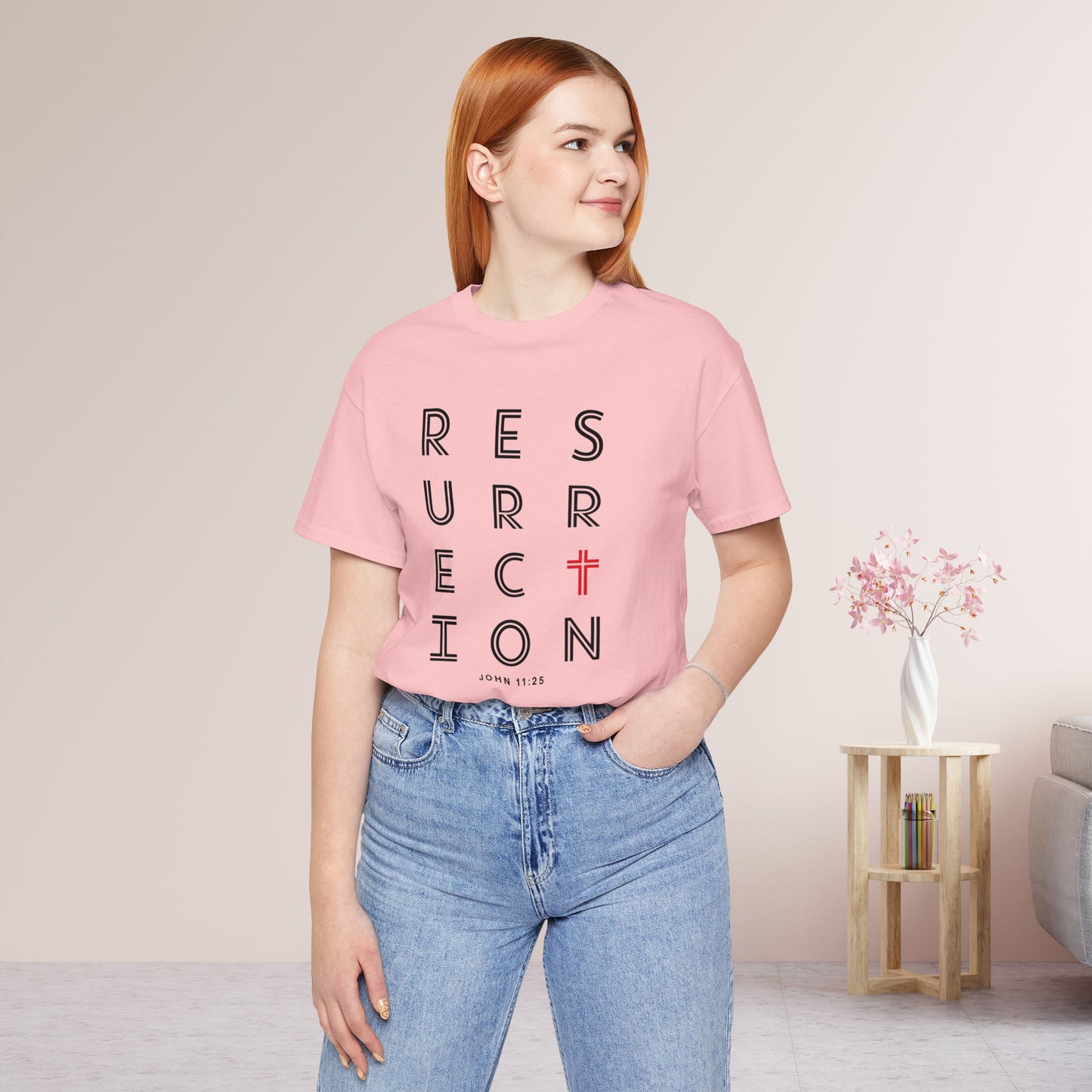 Resurrection Soft Cotton Tee - John 11:25 Bible Verse Christian Tee