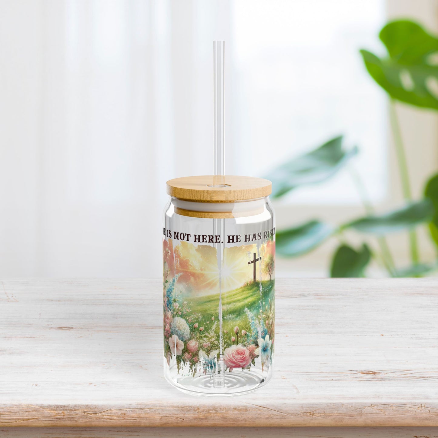 He Has Risen Sipper Glass with Bamboo Lid & Straw - 16 oz