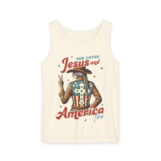 She Loves Jesus and America Too Comfort Colors Garment-Dyed Tank Top
