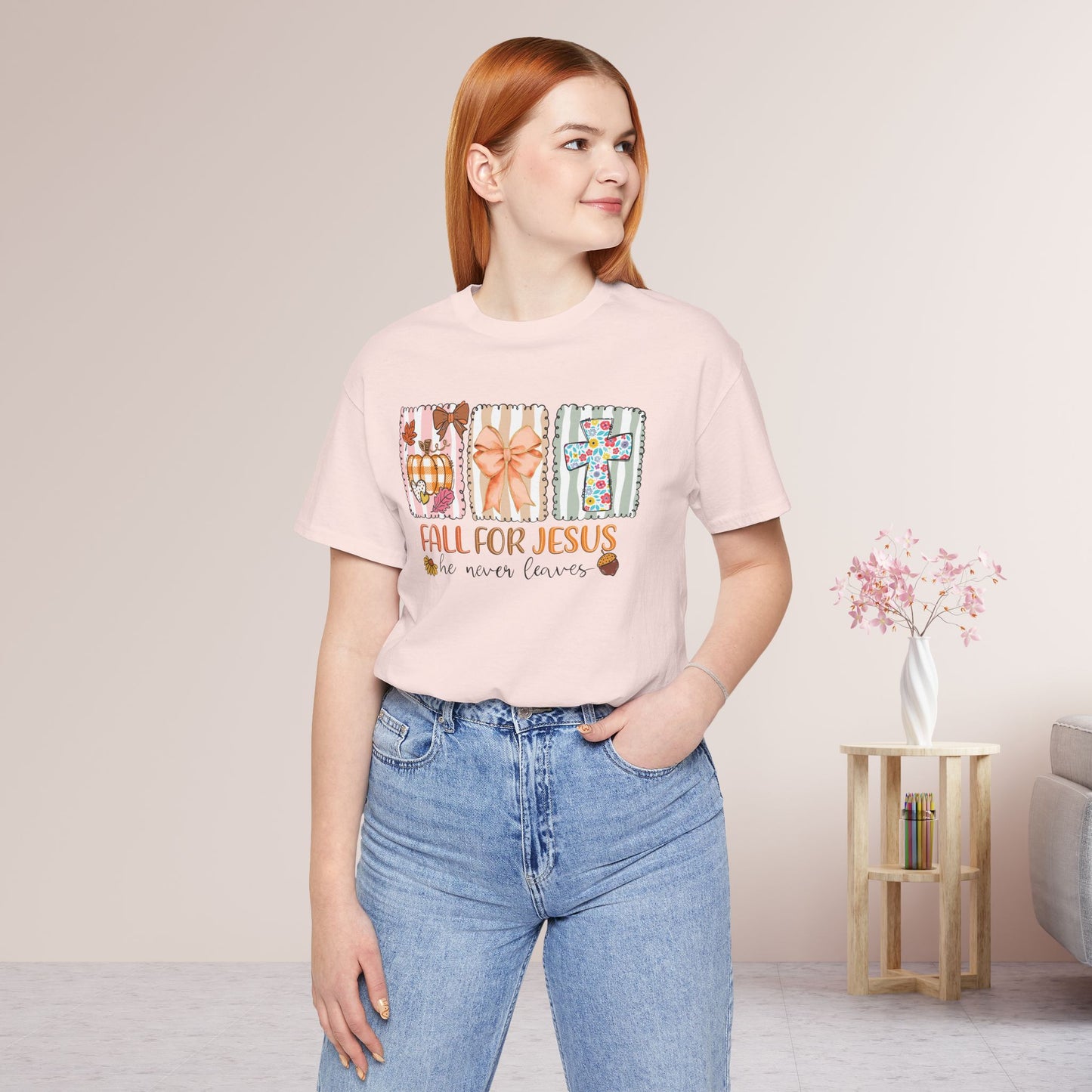 Fall For Jesus He Never Leaves Soft Cotton Tee - Fall Christian Shirt