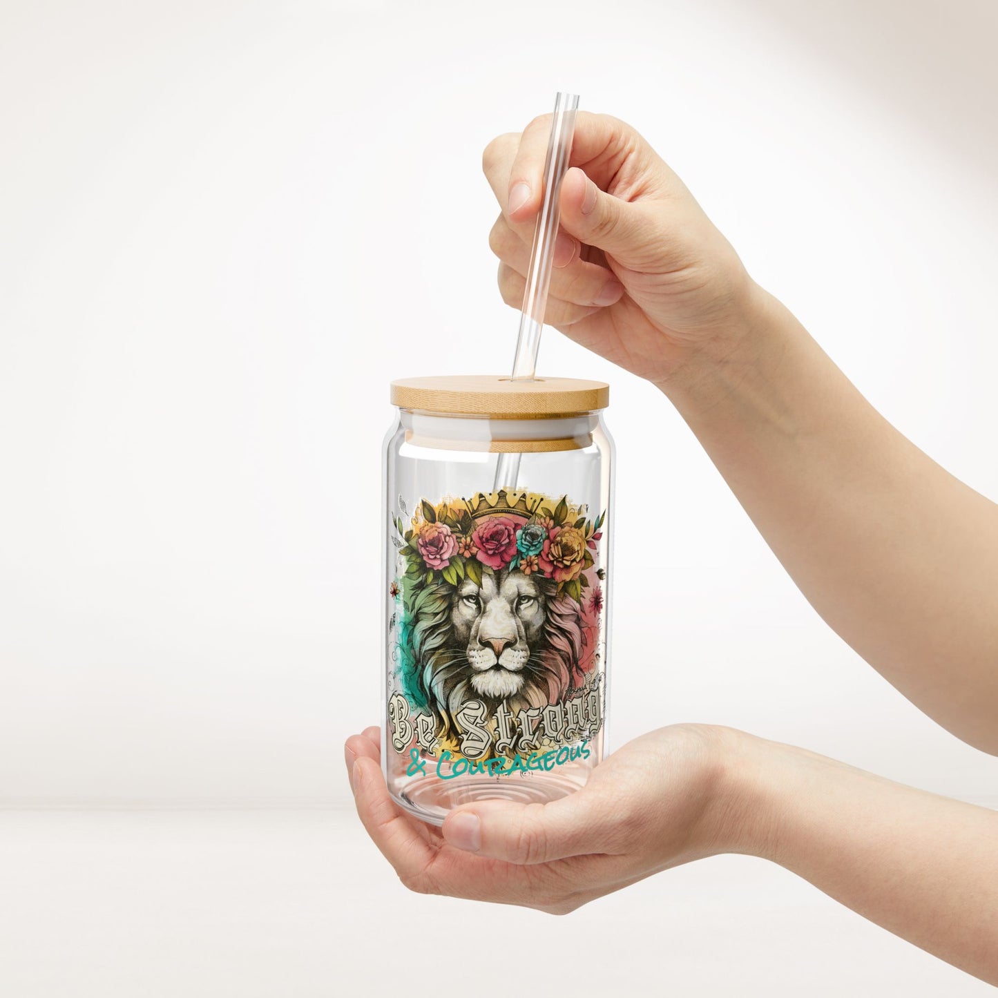 Be Strong and Courageous Sipper Glass with Bamboo Lid & Straw - 16 oz