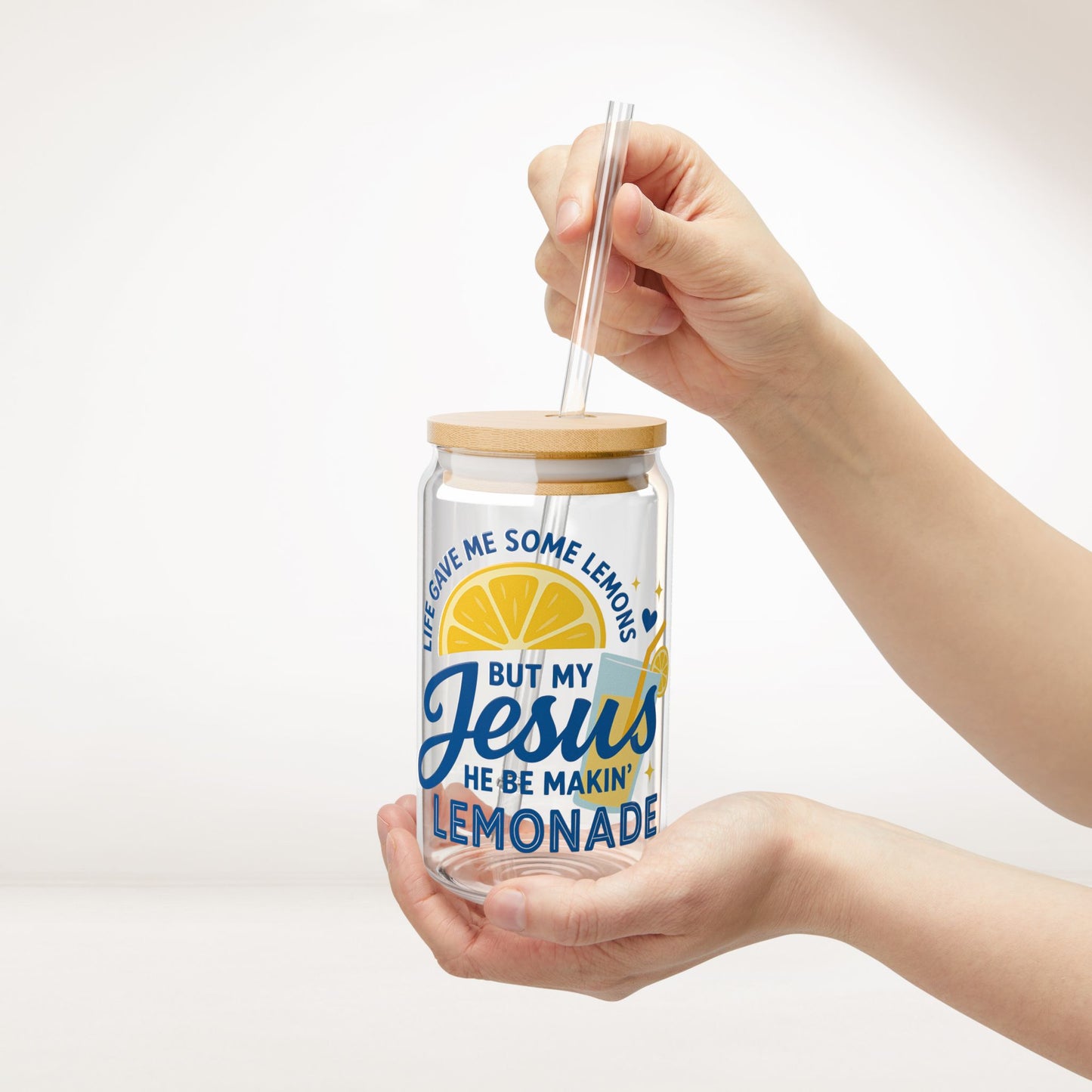 Life Gave Me Lemons But My Jesus Makes Lemonade Sipper Glass with Bamboo Lid & Straw - 16 oz