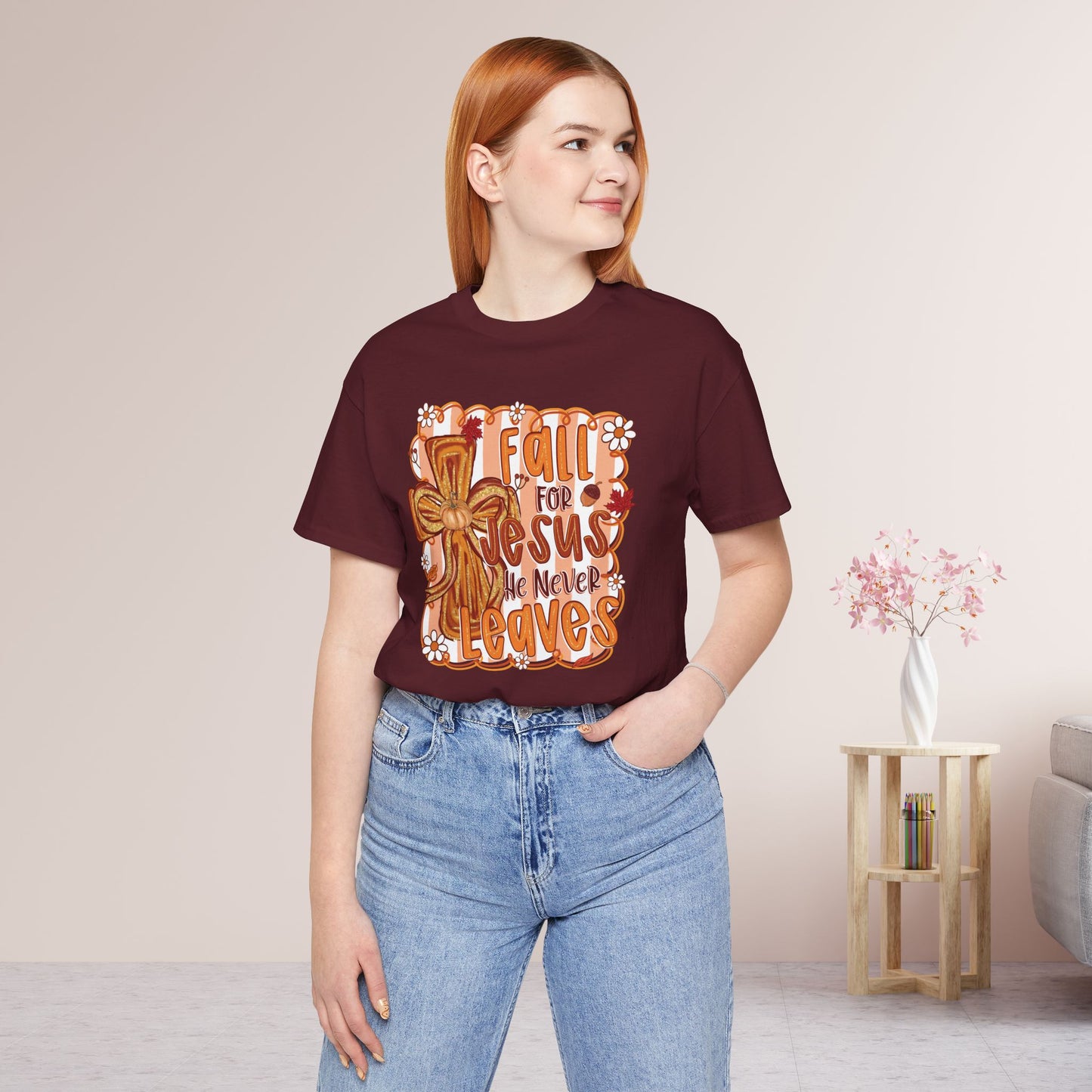 Fall for Jesus He Never Leaves Soft Cotton Tee - Fall Christian Tee
