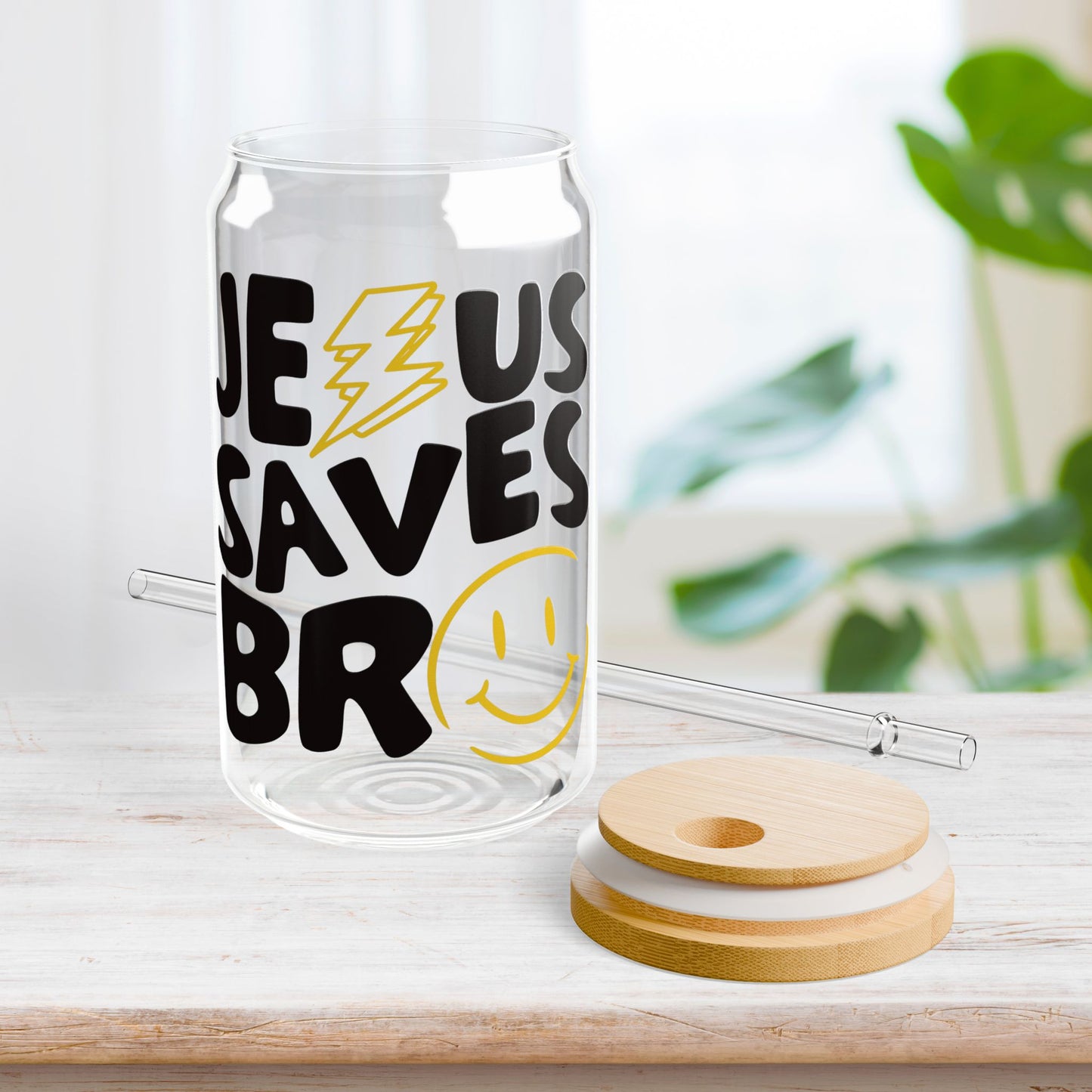 Jesus Saves Bro Sipper Glass with Bamboo Lid & Straw - 16 oz