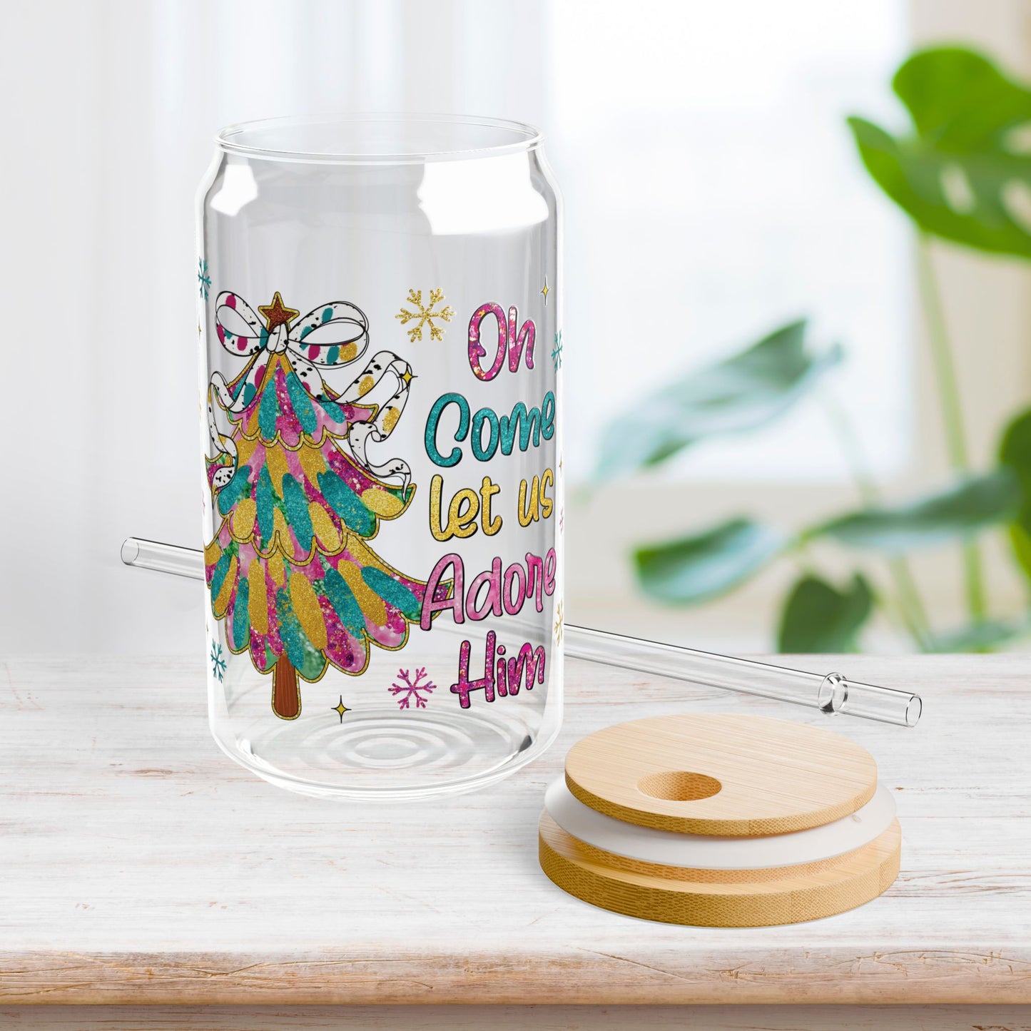 Oh Come Let Us Adore Him Christmas Sipper Glass with Bamboo Lid & Straw - 16 oz