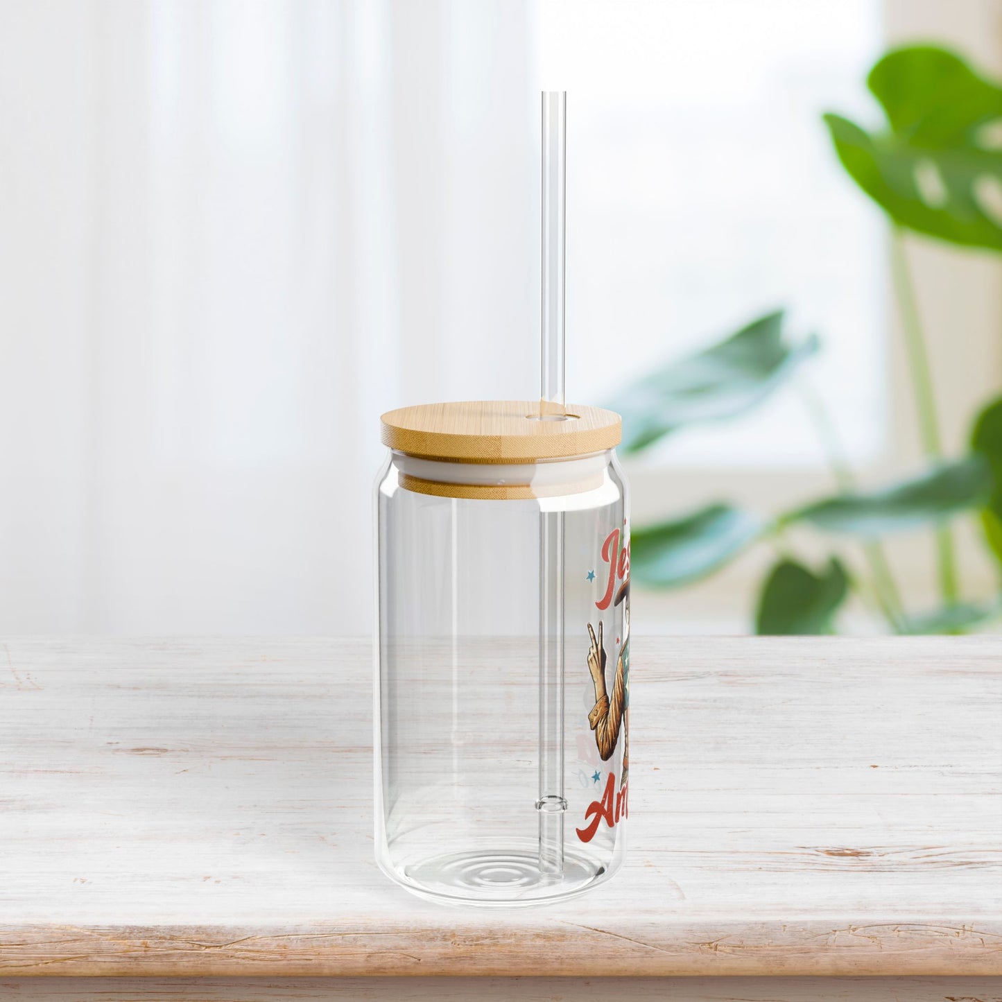 She Loves Jesus and America Too Sipper Glass with Bamboo Lid & Straw - 16 oz