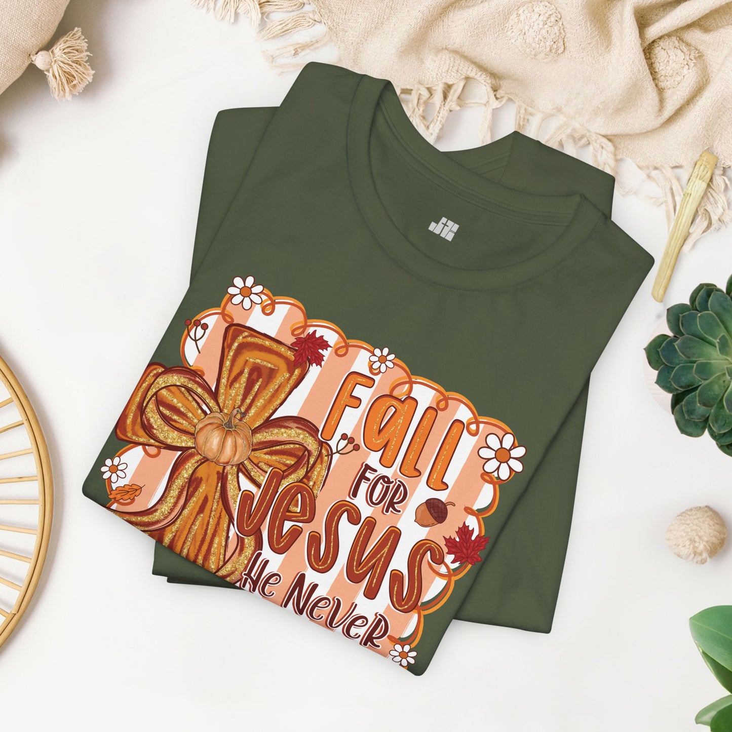 Fall for Jesus He Never Leaves Soft Cotton Tee - Fall Christian Tee