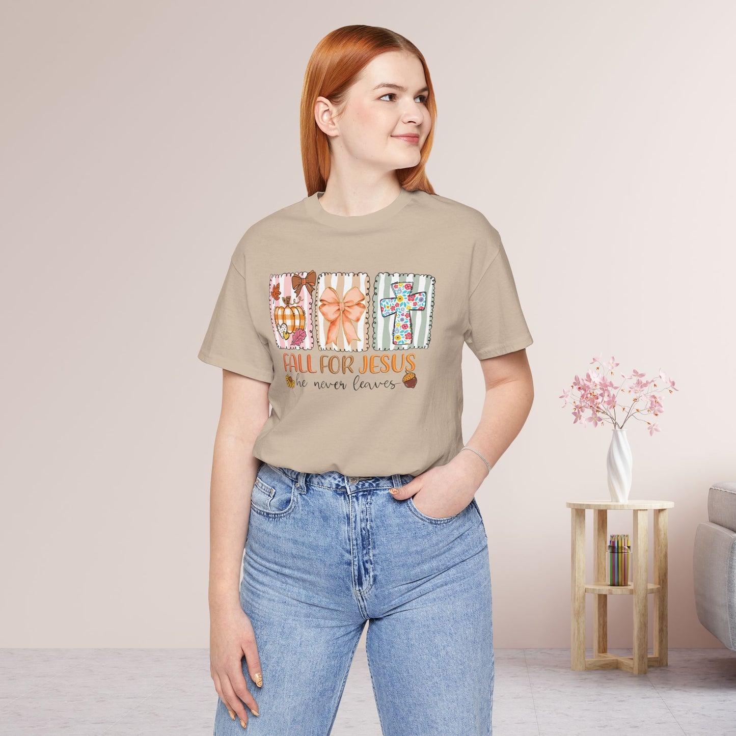 Fall For Jesus He Never Leaves Soft Cotton Tee - Fall Christian Shirt