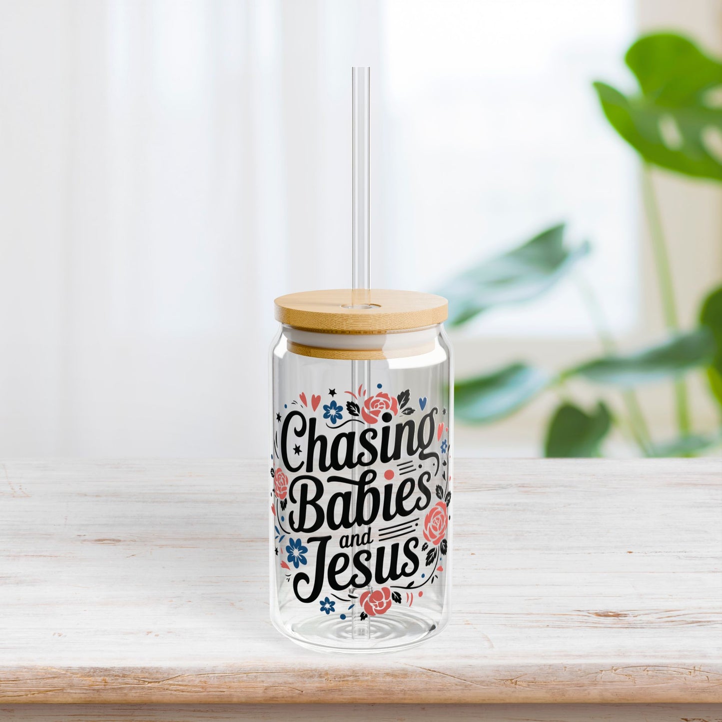 Chasing Babies & Jesus Sipper Glass with Bamboo Lid & Straw - 16 oz