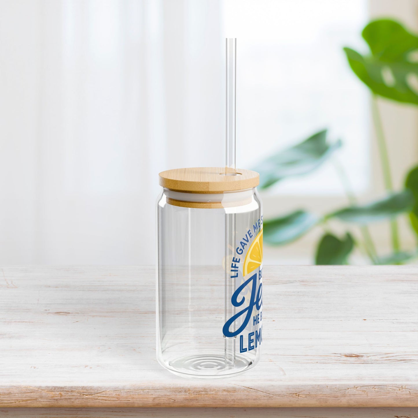 Life Gave Me Lemons But My Jesus Makes Lemonade Sipper Glass with Bamboo Lid & Straw - 16 oz