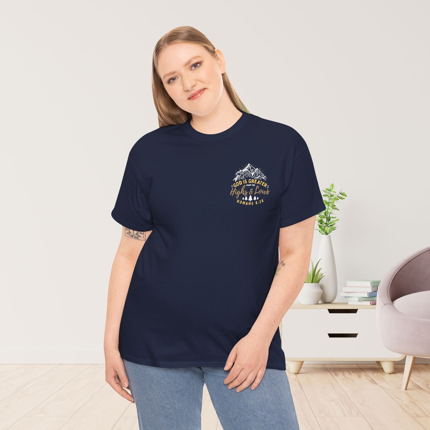 God is Greater Heavy Cotton Tee - Romans 8:28