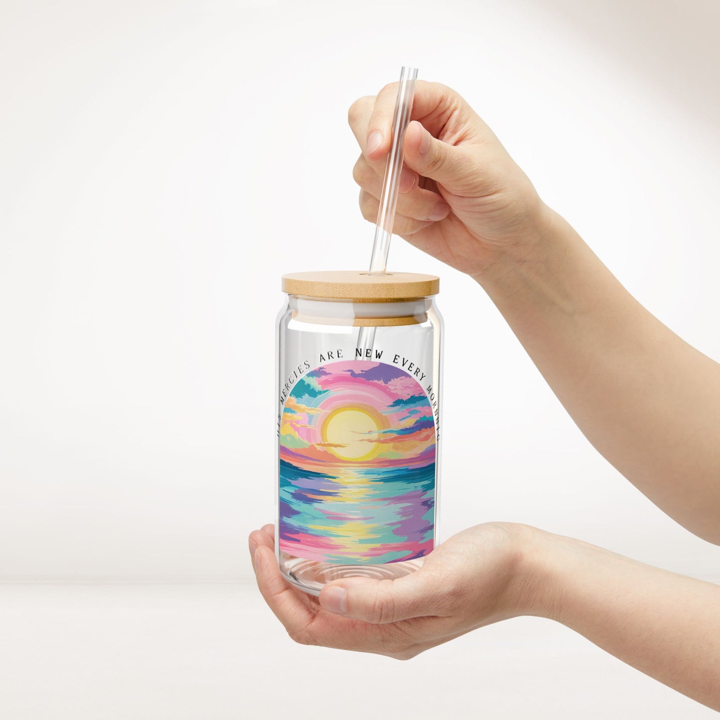 His Mercies Are New Every Morning Sipper Glass with Bamboo Lid & Straw - 16 oz