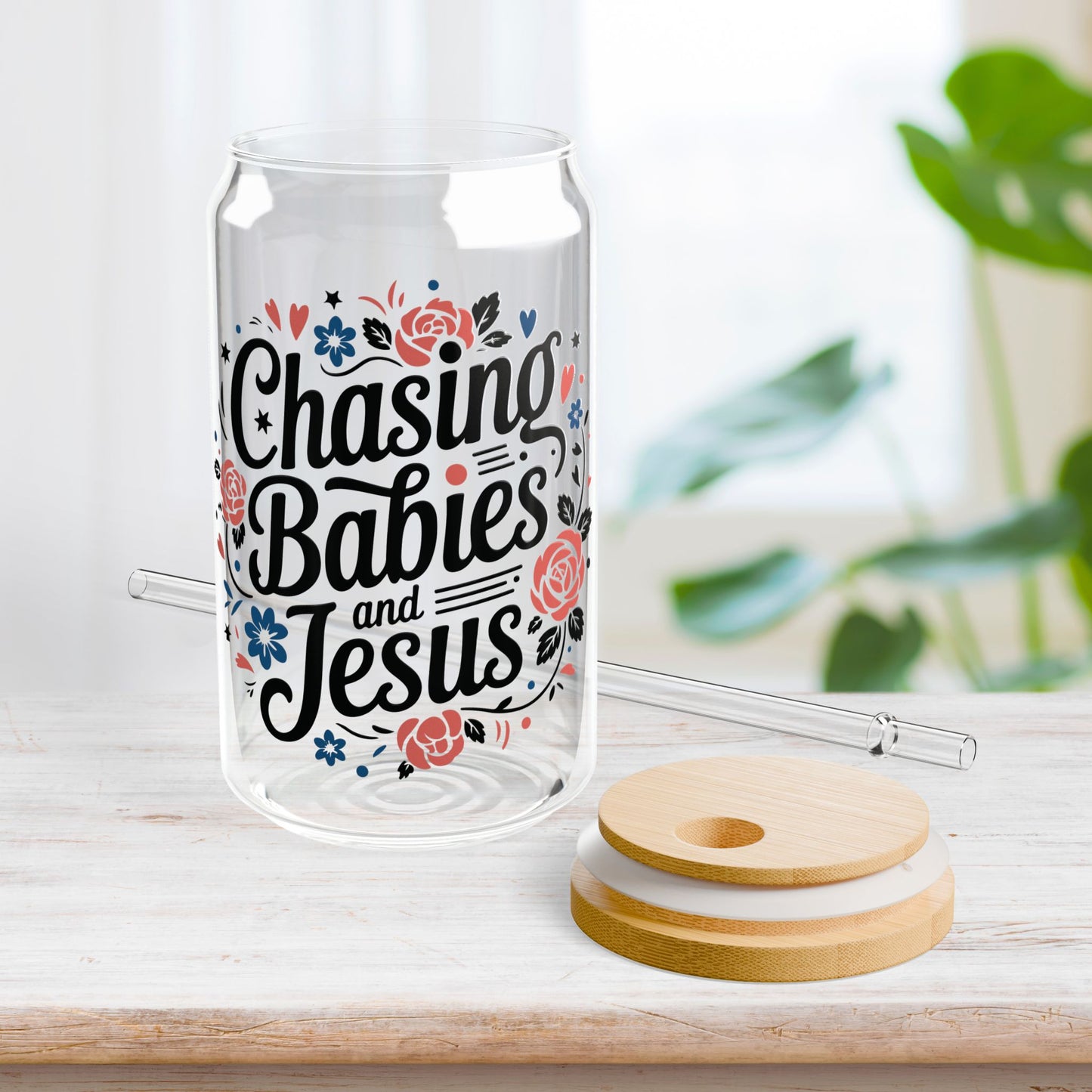 Chasing Babies & Jesus Sipper Glass with Bamboo Lid & Straw - 16 oz