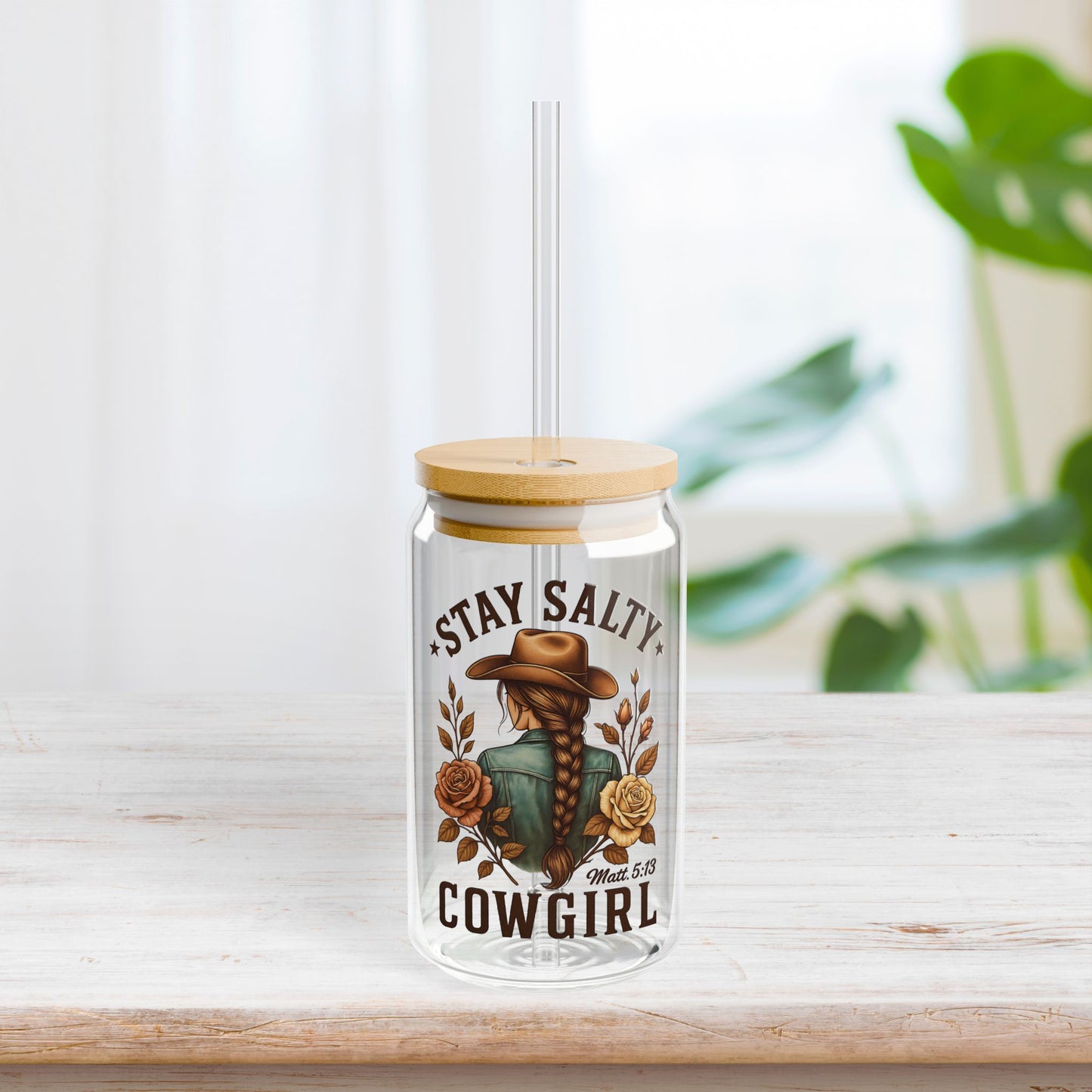 Stay Salty Cowgirl Sipper Glass with Bamboo Lid & Straw - 16 oz