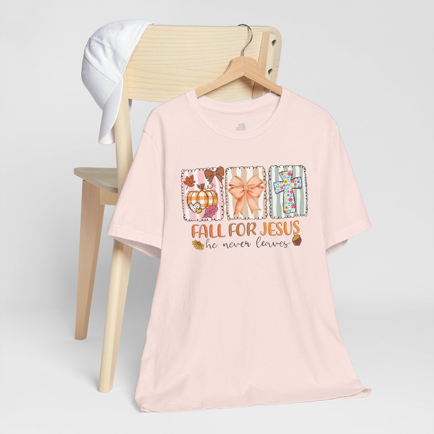Fall For Jesus He Never Leaves Soft Cotton Tee - Fall Christian Shirt