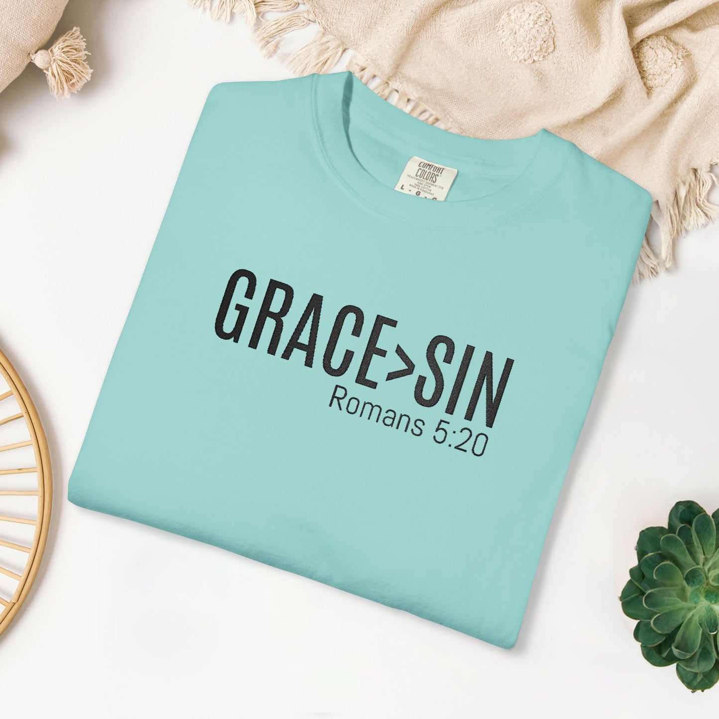 Embroidered Grace > Sin - Romans 5:20 Comfort Colors Shirt