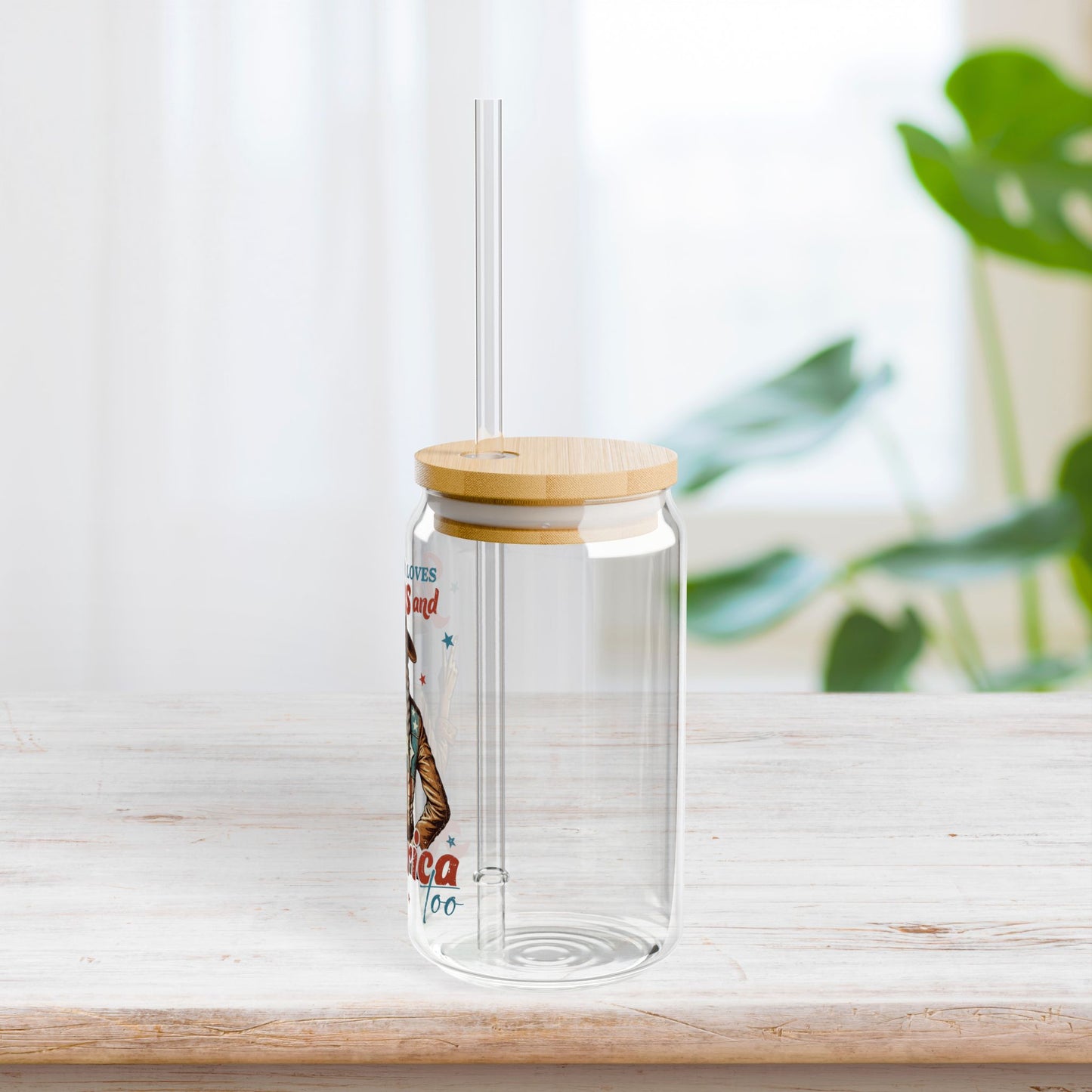 She Loves Jesus and America Too Sipper Glass with Bamboo Lid & Straw - 16 oz