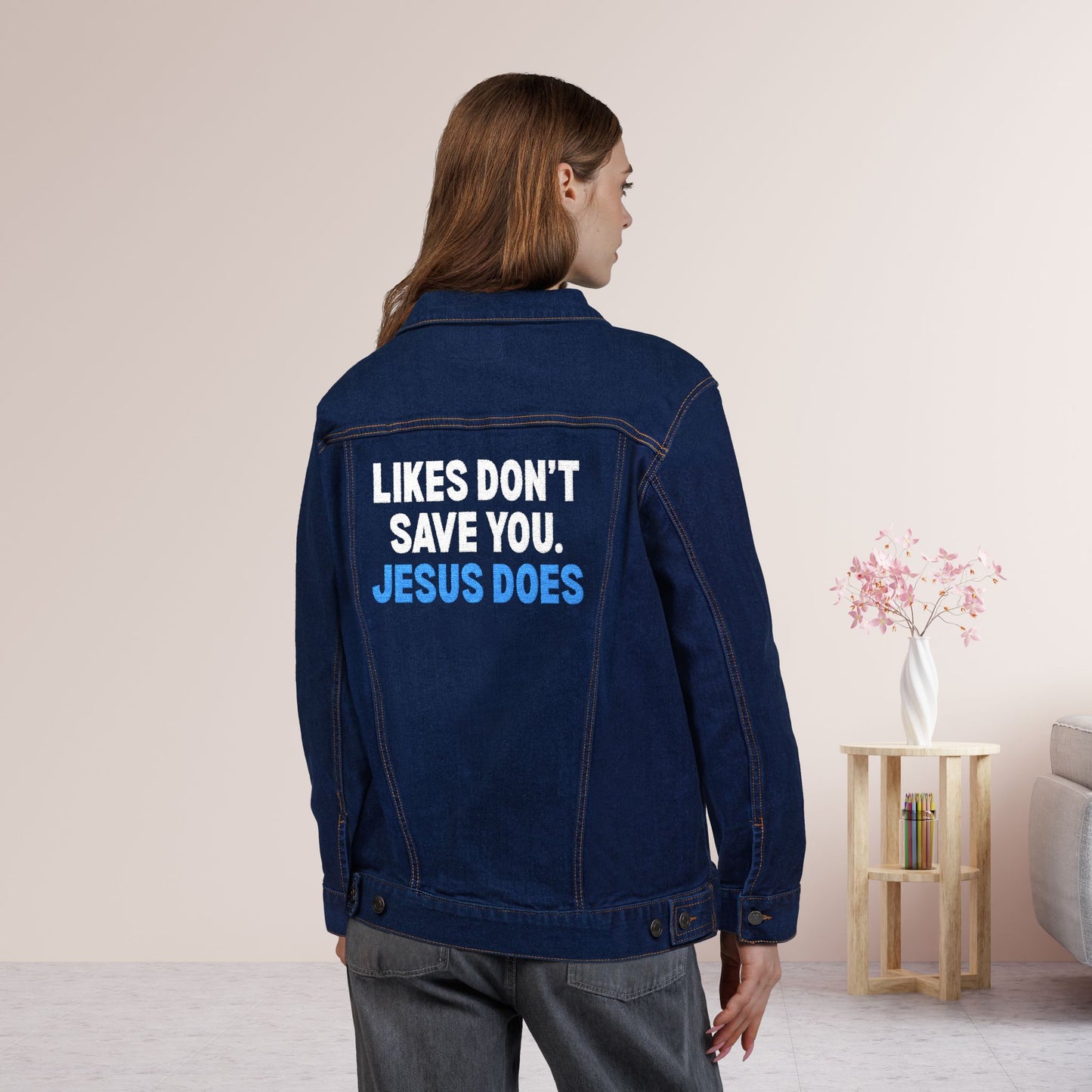 Embroidered Likes Don't Save You Jesus Does Unisex Denim Jacket