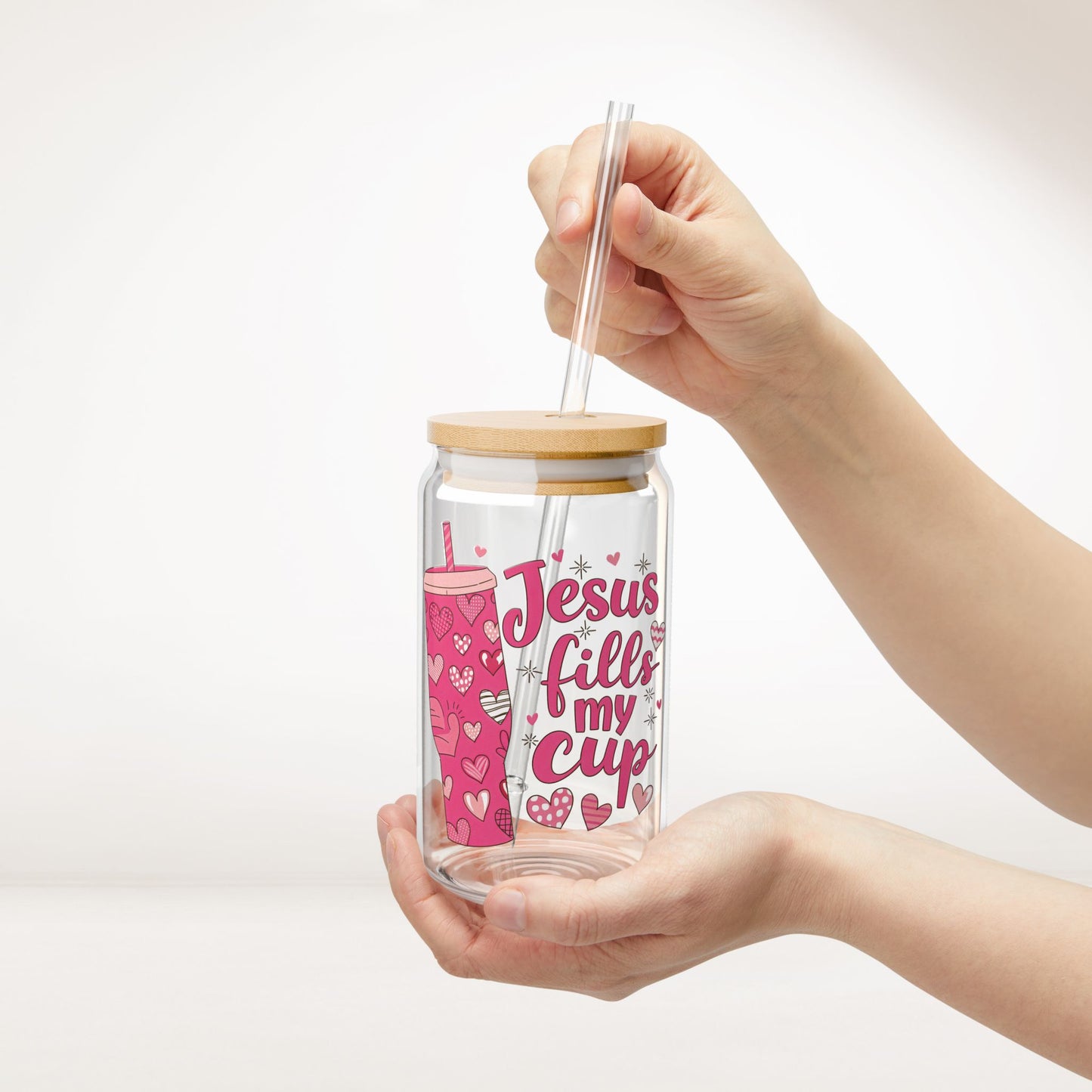 Jesus Fills My Cup Sipper Glass with Bamboo Lid & Straw - 16 oz