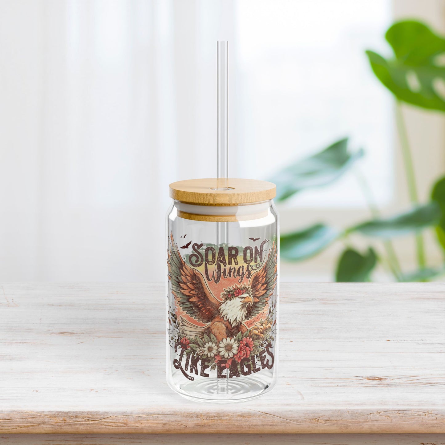 Soar on Wings Like Eagles Sipper Glass with Bamboo Lid & Straw - 16 oz