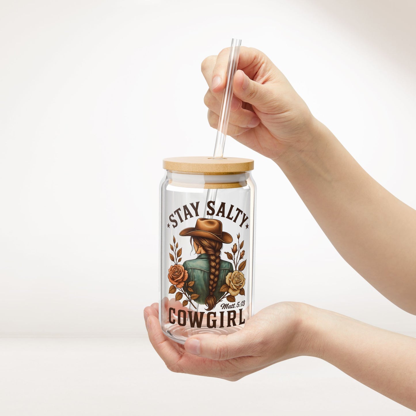 Stay Salty Cowgirl Sipper Glass with Bamboo Lid & Straw - 16 oz