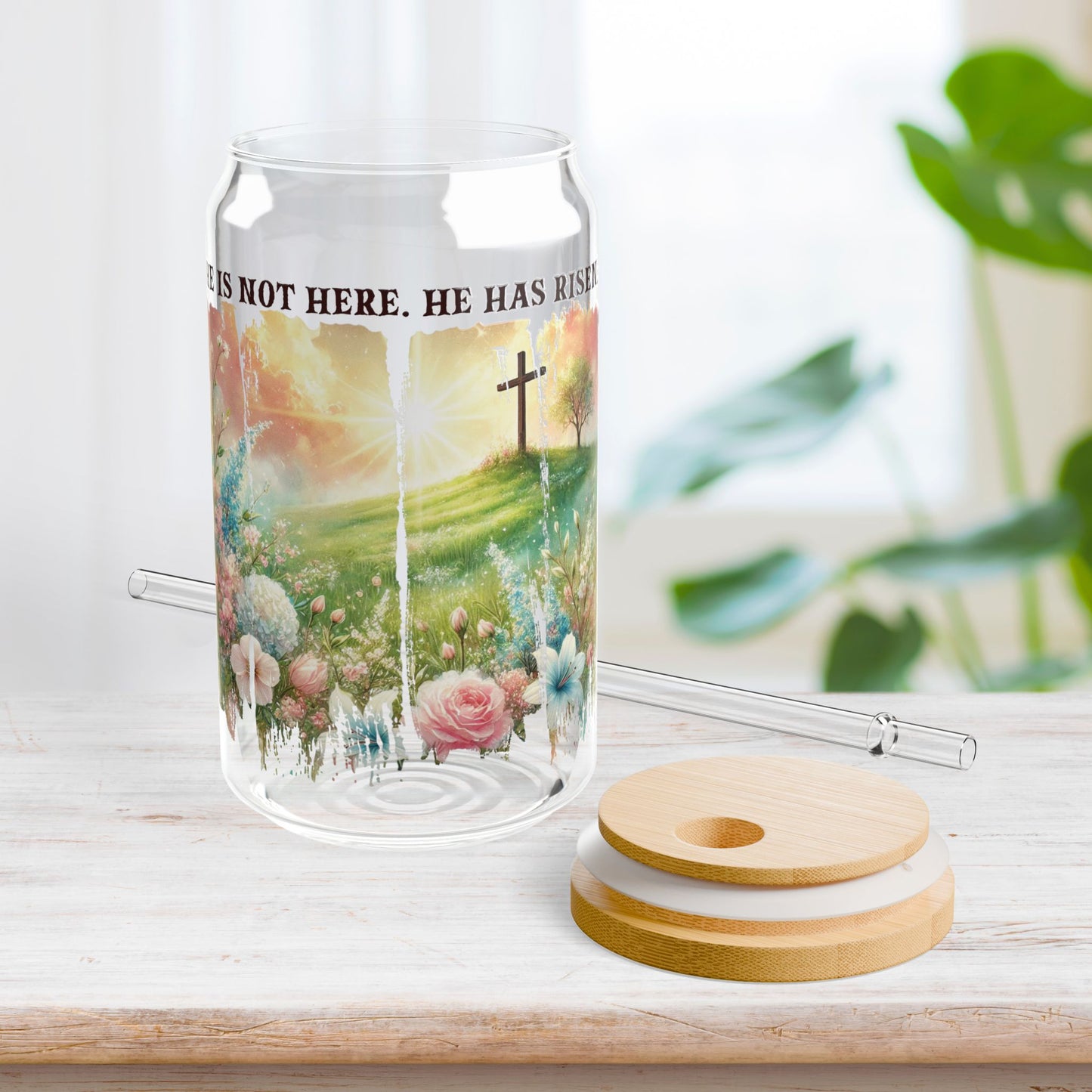 He Has Risen Sipper Glass with Bamboo Lid & Straw - 16 oz