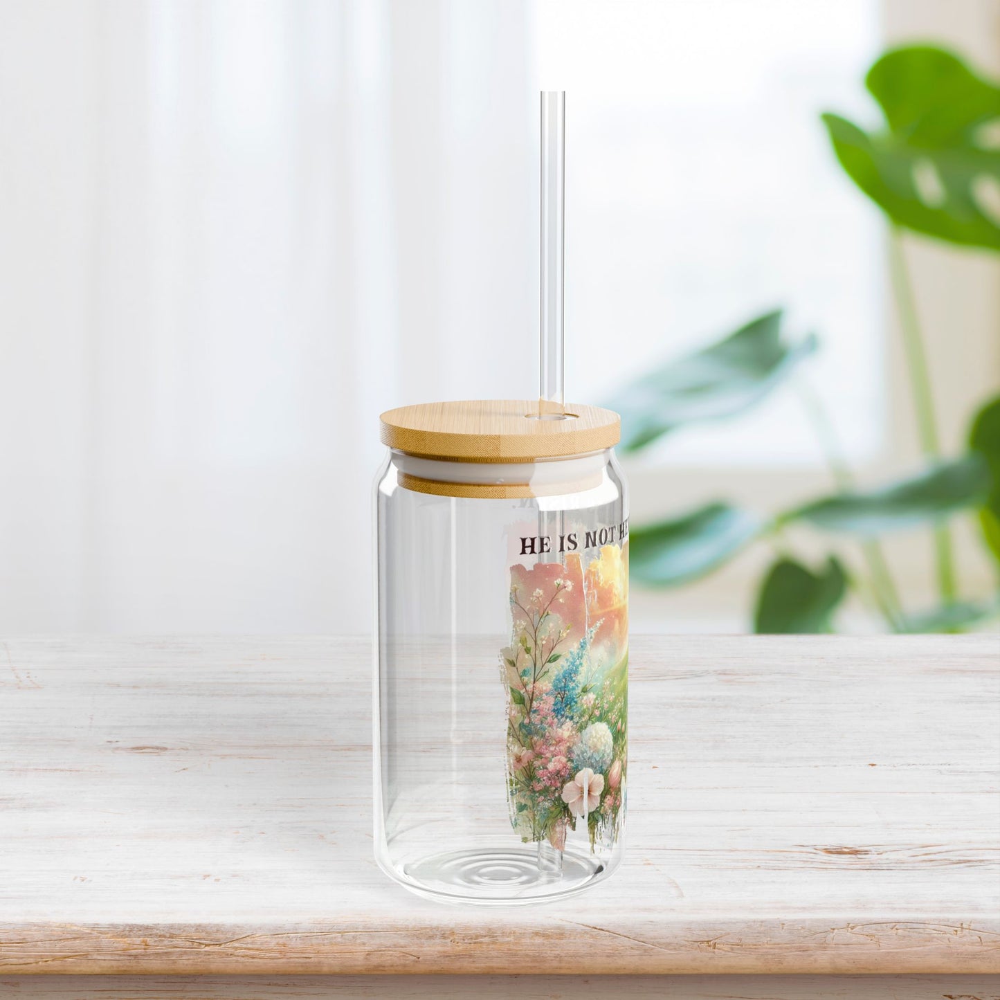 He Has Risen Sipper Glass with Bamboo Lid & Straw - 16 oz
