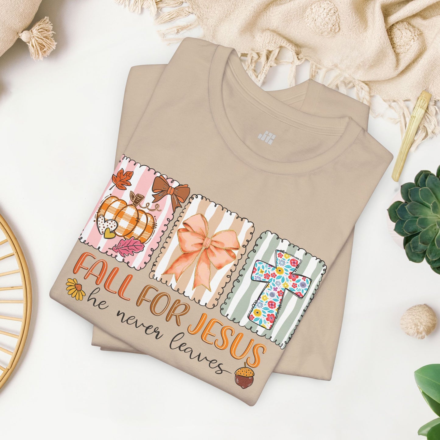 Fall For Jesus He Never Leaves Soft Cotton Tee - Fall Christian Shirt