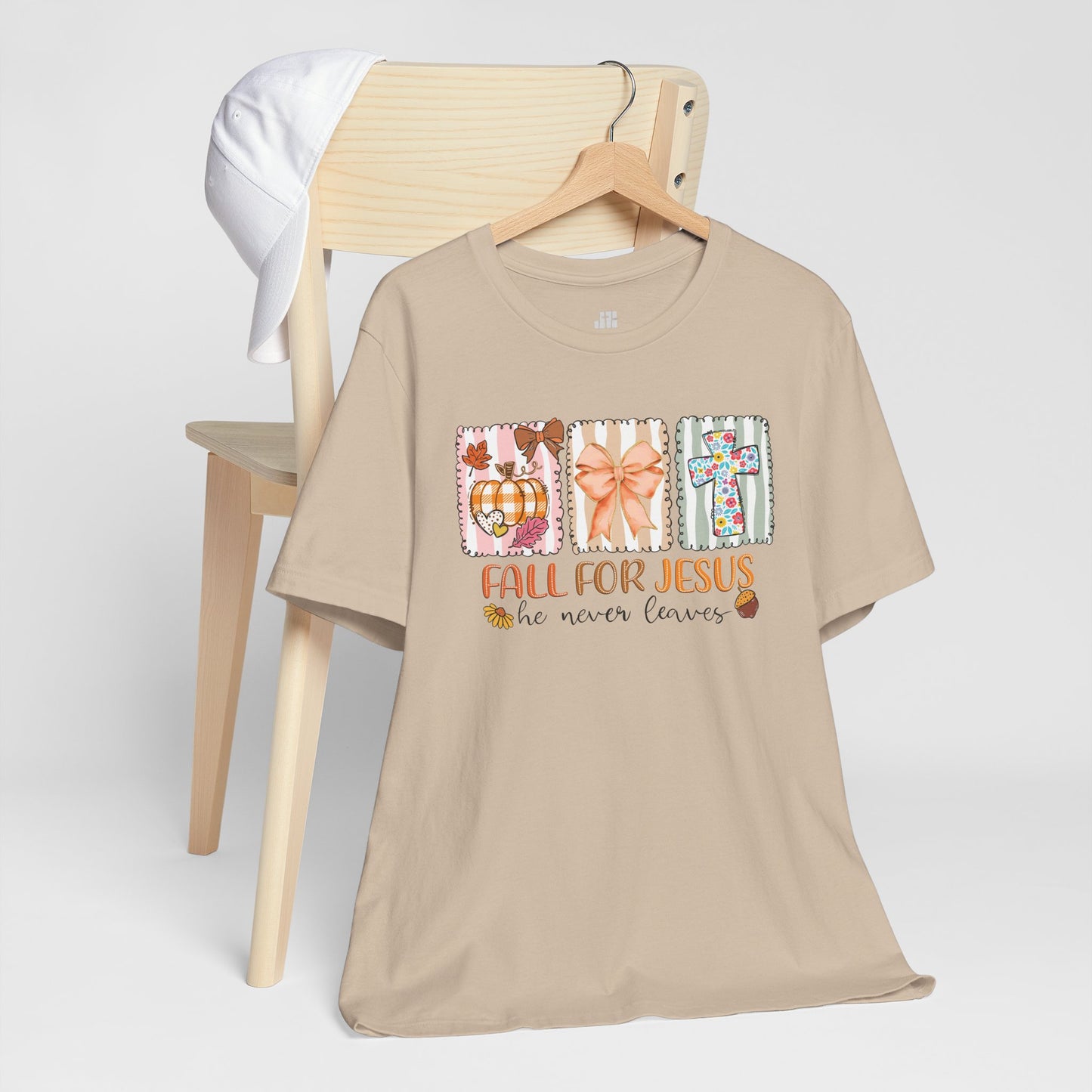 Fall For Jesus He Never Leaves Soft Cotton Tee - Fall Christian Shirt