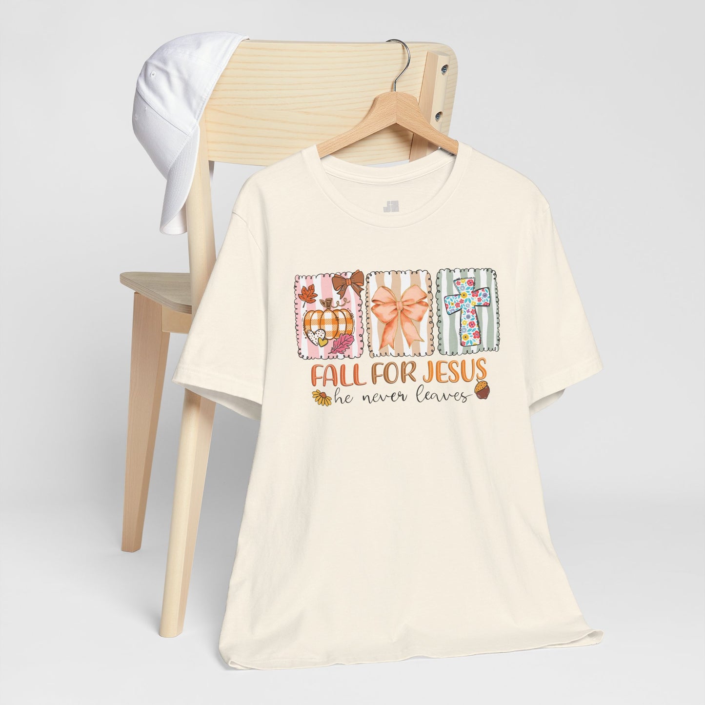 Fall For Jesus He Never Leaves Soft Cotton Tee - Fall Christian Shirt