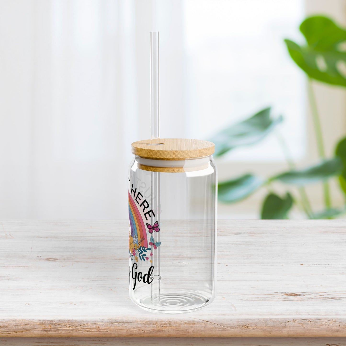 Just Out Here Trusting God Sipper Glass with Bamboo Lid & Straw - 16 oz