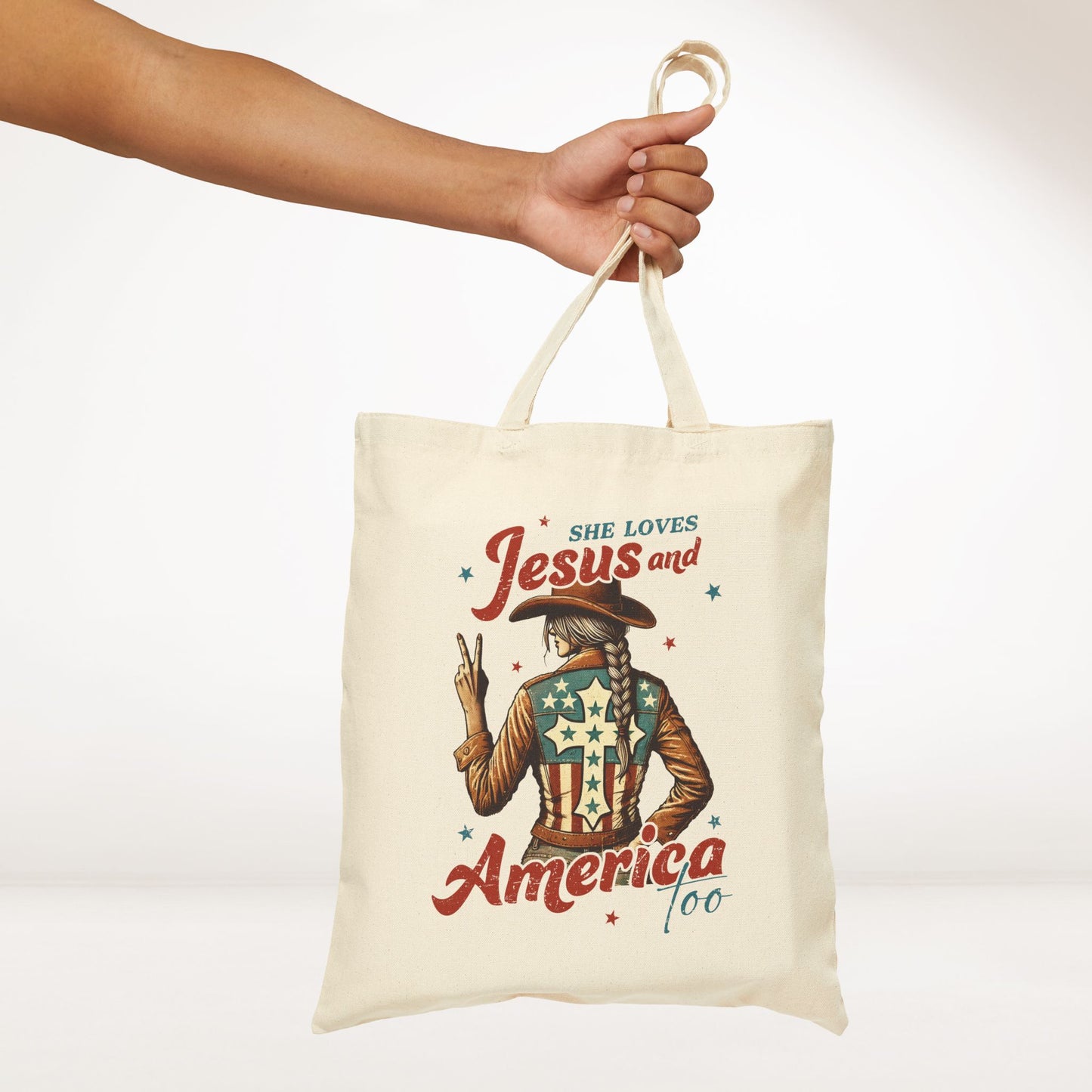 She Loves Jesus And America Too Canvas Tote Bag